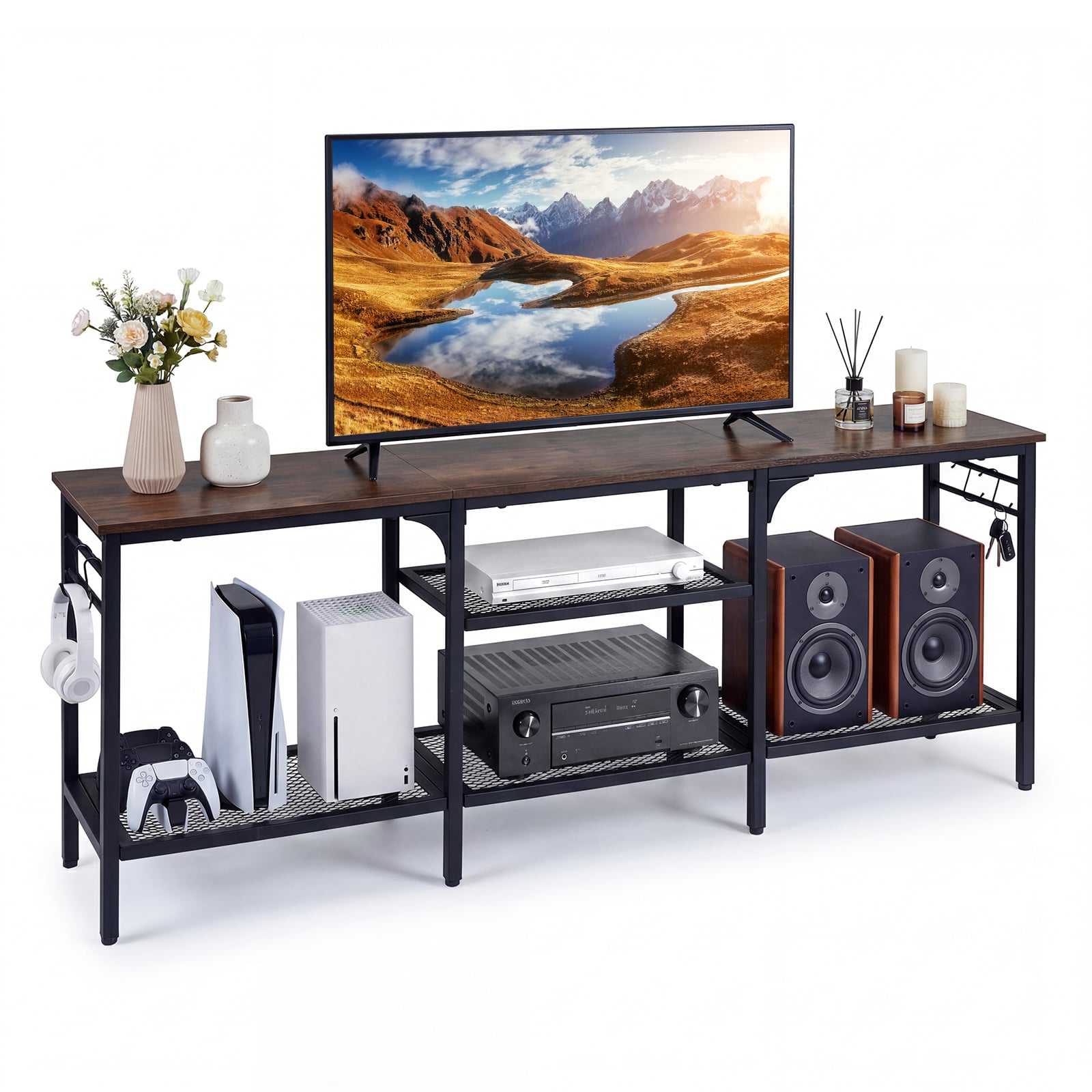 Costway Rustic Brown Industrial Entertainment Tv Stand For 65" Tvs With Metal Mesh Shelves And 4 Hanging Hooks