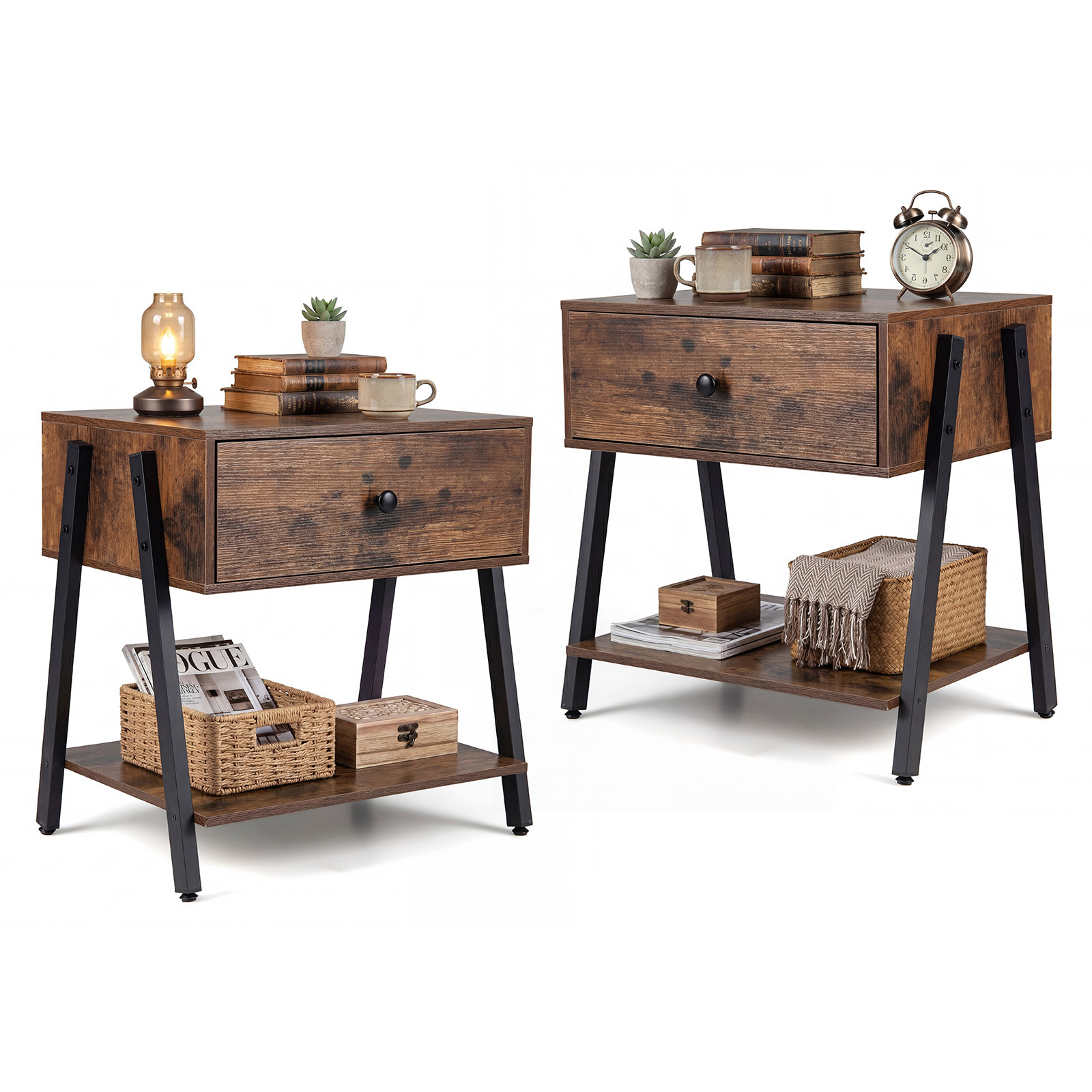 Costway Rustic Brown Industrial Nightstand Set Of 2 With Drawer And Storage Shelf