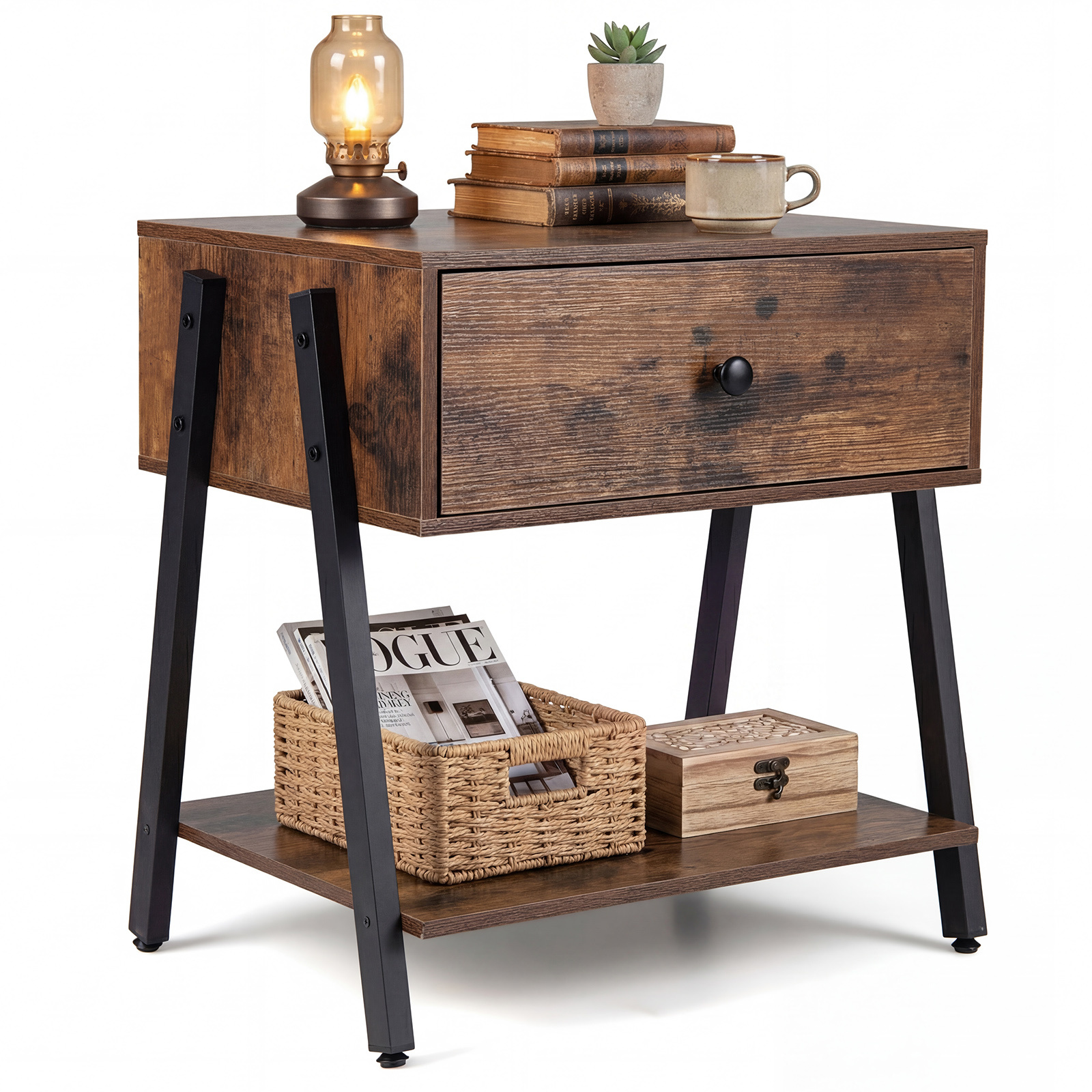 Costway Rustic Brown Industrial Nightstand With Drawer And Open Shelf & Adjustable Foot Pads