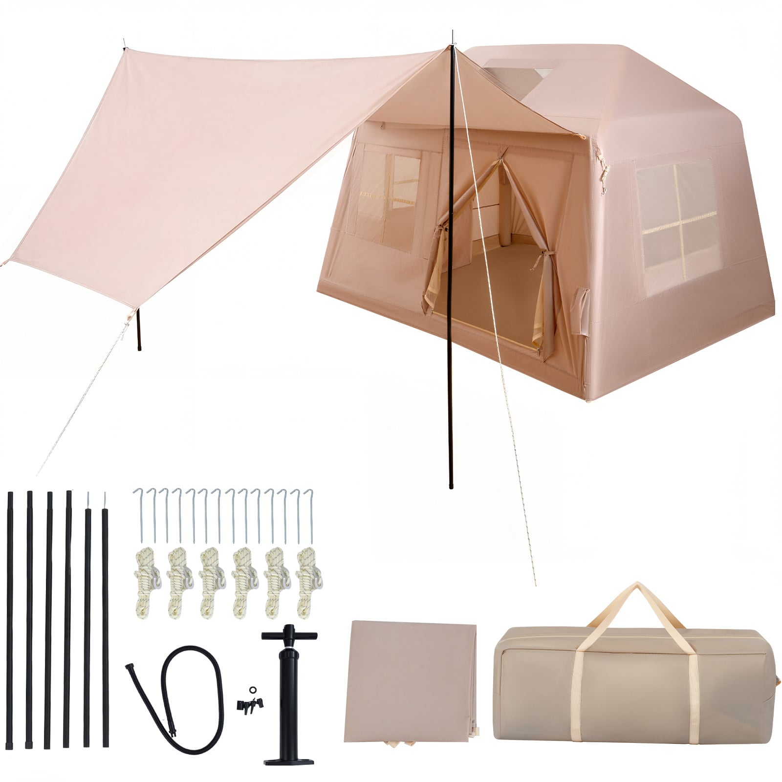 Costway Khaki Inflatable Camping Tent For 4-6 Person Portable Blow Up Tent With Pump Doors