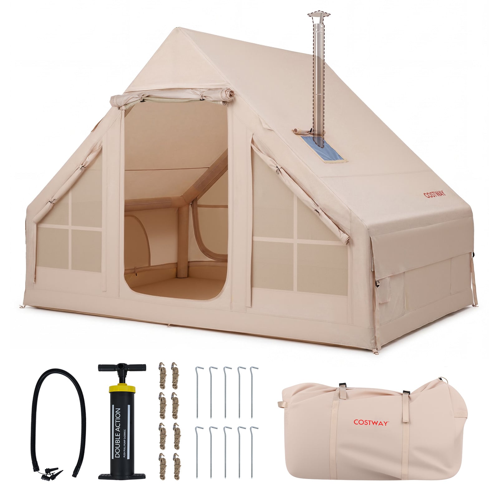 Costway Beige Inflatable Camping Tent With Stove Jack 4 Season Blow Up Tent With Pump