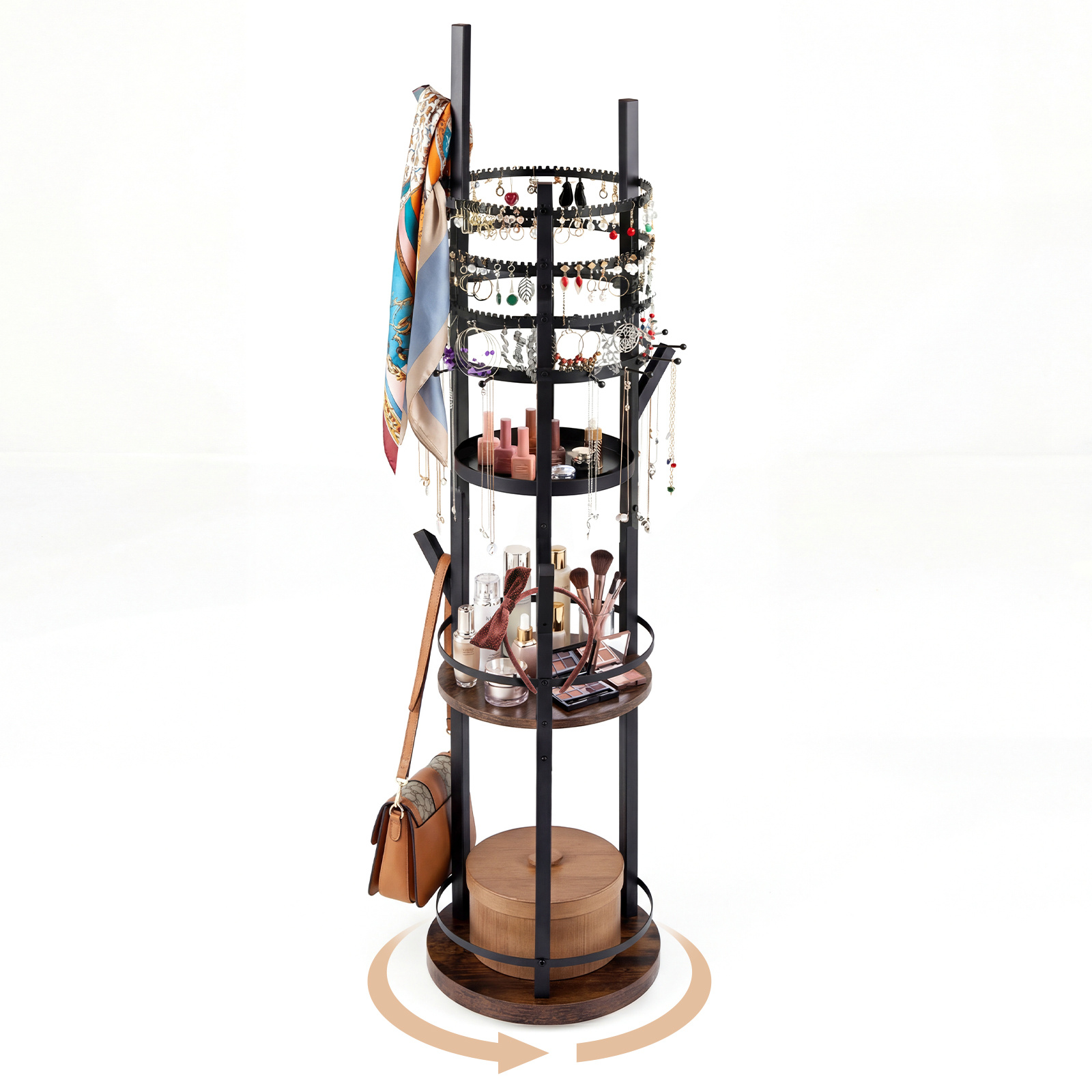Costway Rustic Brown Jewelry Organizer Stand 360° Rotating Floor Jewelry Storage Rack Free Standing Jewelry Display Tower