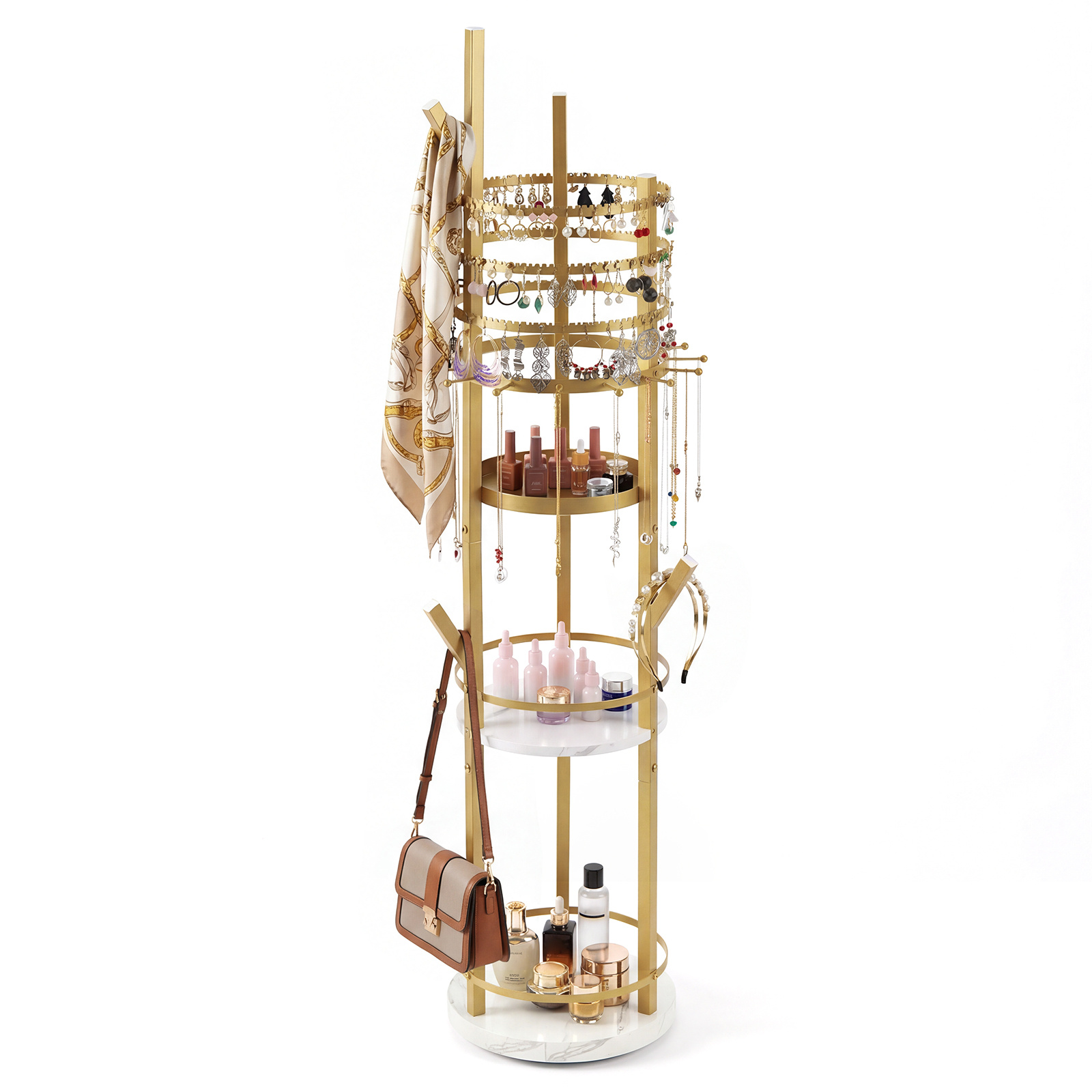 Costway White & Golden Jewelry Organizer Stand 360° Rotating Floor Jewelry Storage Rack Free Standing Jewelry Display Tower-White