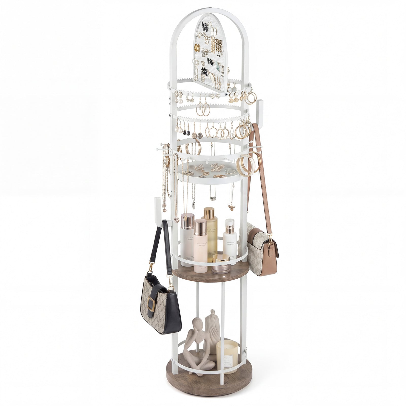 Costway Grey Jewelry Organizer Stand 360° Rotating Floor Jewelry Storage Rack With Earring Necklace Holders-Gray
