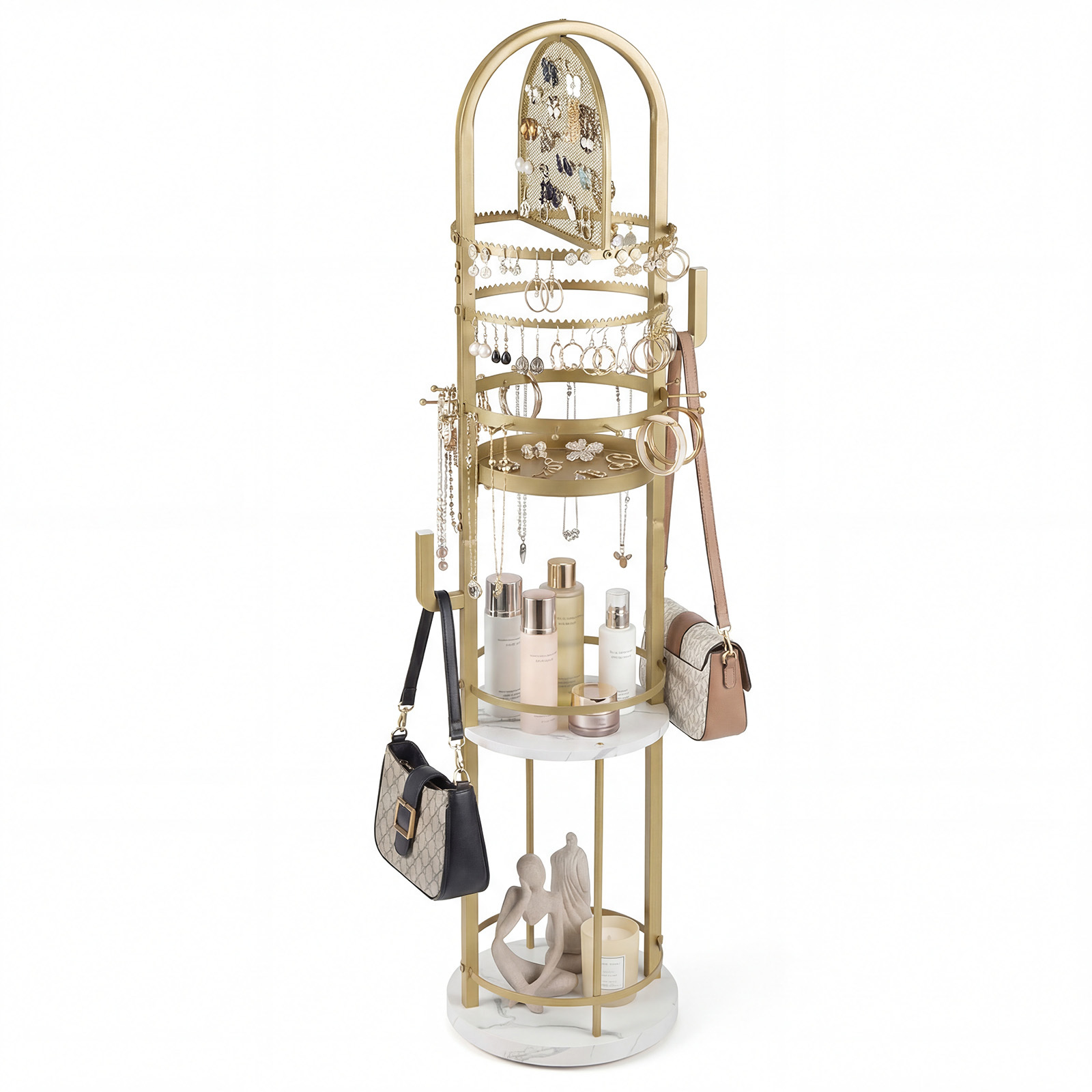 Costway White & Golden Jewelry Organizer Stand 360° Rotating Floor Jewelry Storage Rack With Earring Necklace Holders-White And Golden
