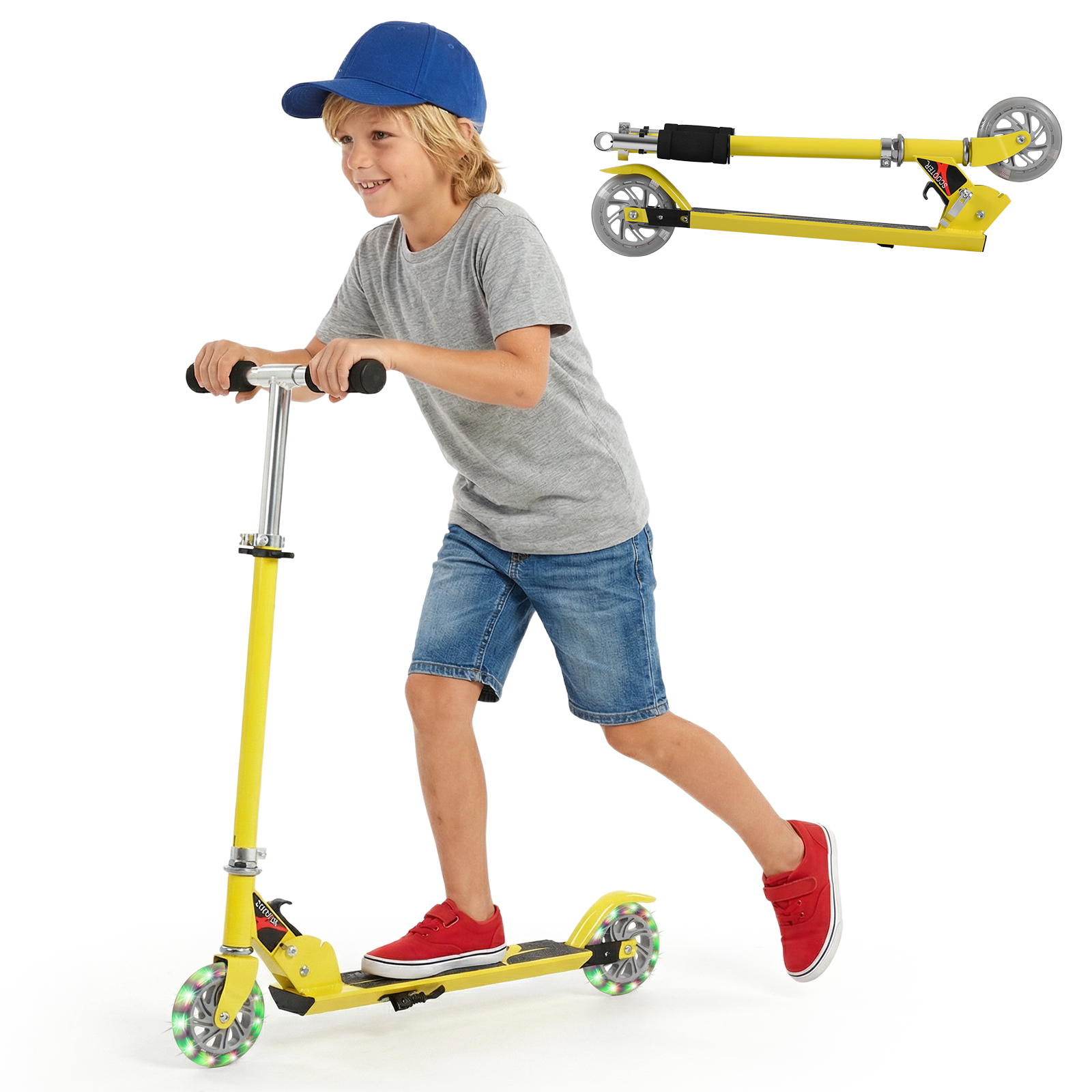 Costway Yellow Kids Aluminum Folding Stunt Scooter With Led Wheels
