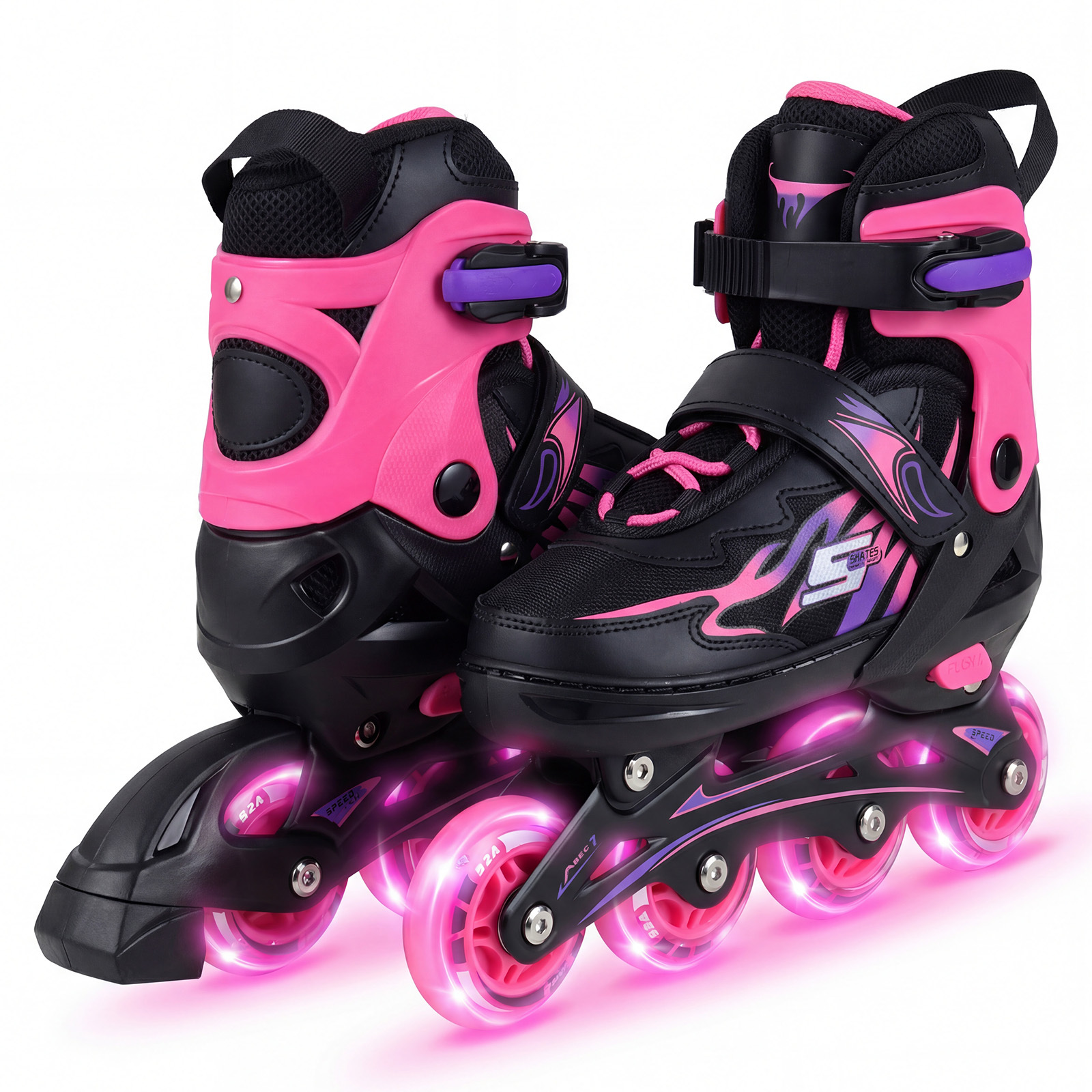 Costway Pink Kids Inline Skates 4 Sizes Adjustable Light-Up Roller Skates For Boys And Girls Ages 9-14