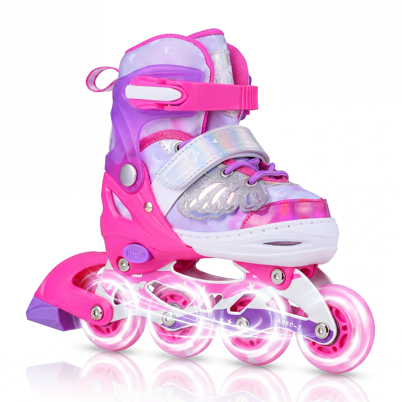 Costway Pink Kids Inline Skates Adjustable Length And Illuminating Beginner Skating Shoes With Safety Strap
