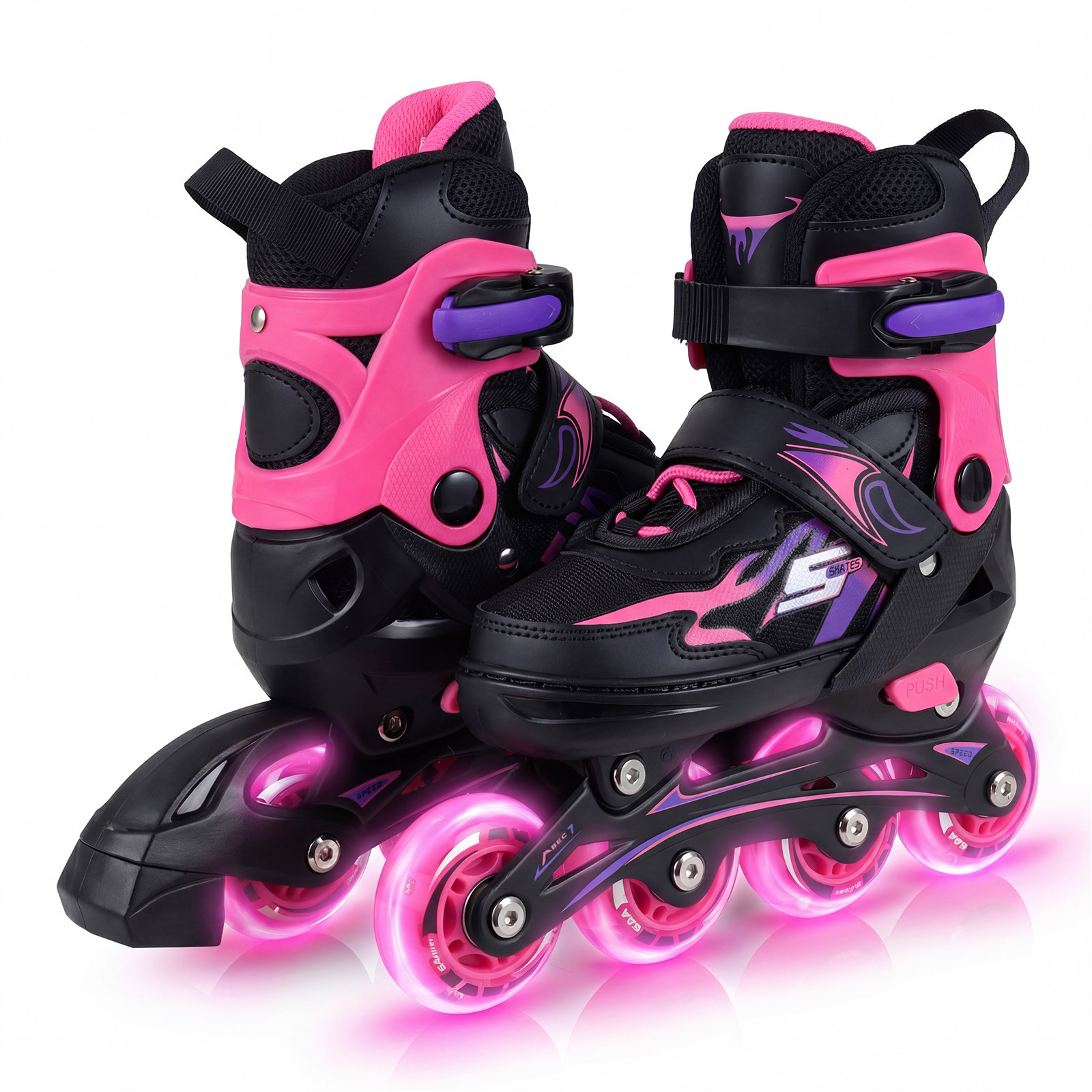 Costway Pink Kids Inline Skates With 4 Illuminated Wheels And Safety Protection For Boys Girls Ages 5-7