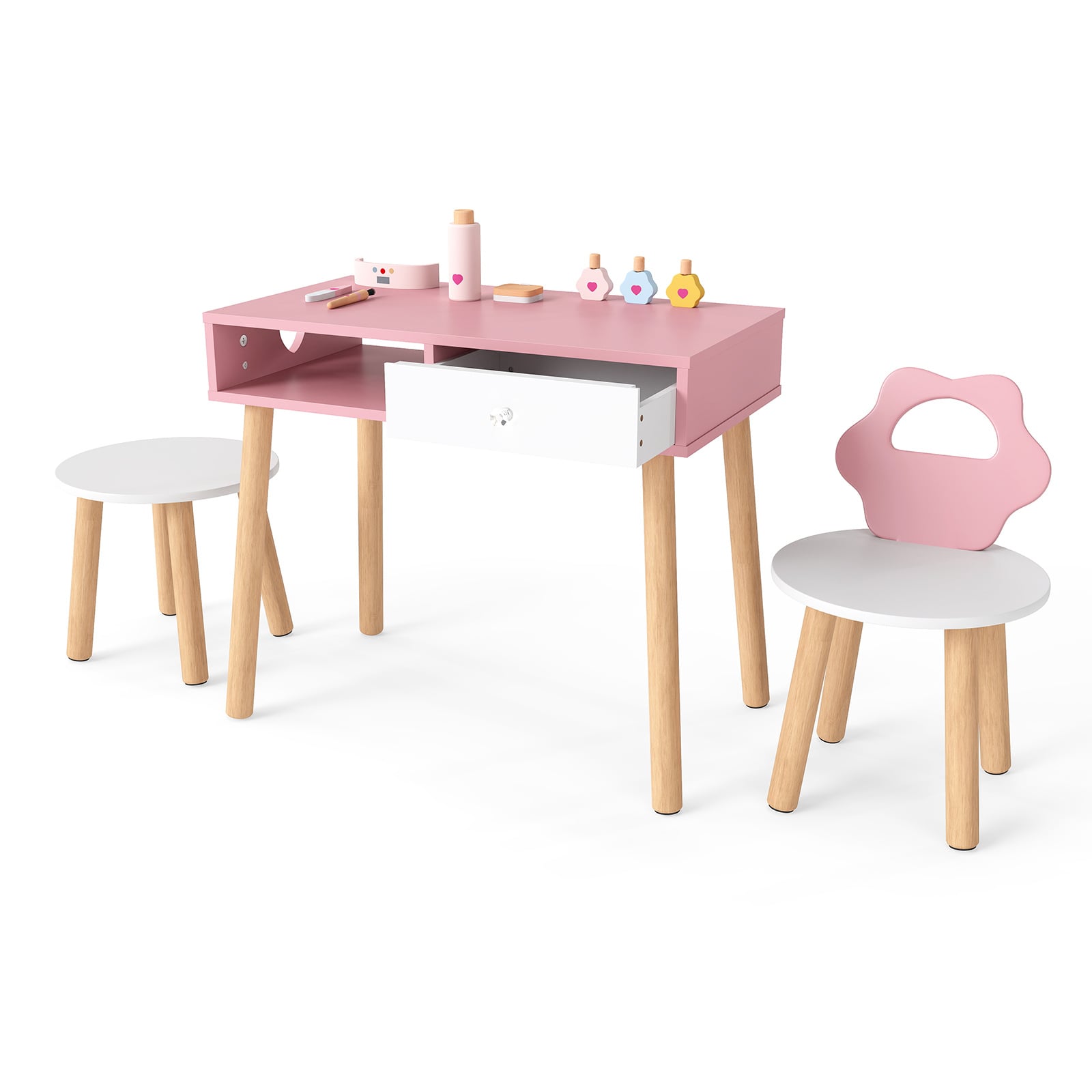 Costway Pink Kids Pretend Nail Salon Playset With Chair And Stool Wooden Toddlers Makeup And Manicure Kit