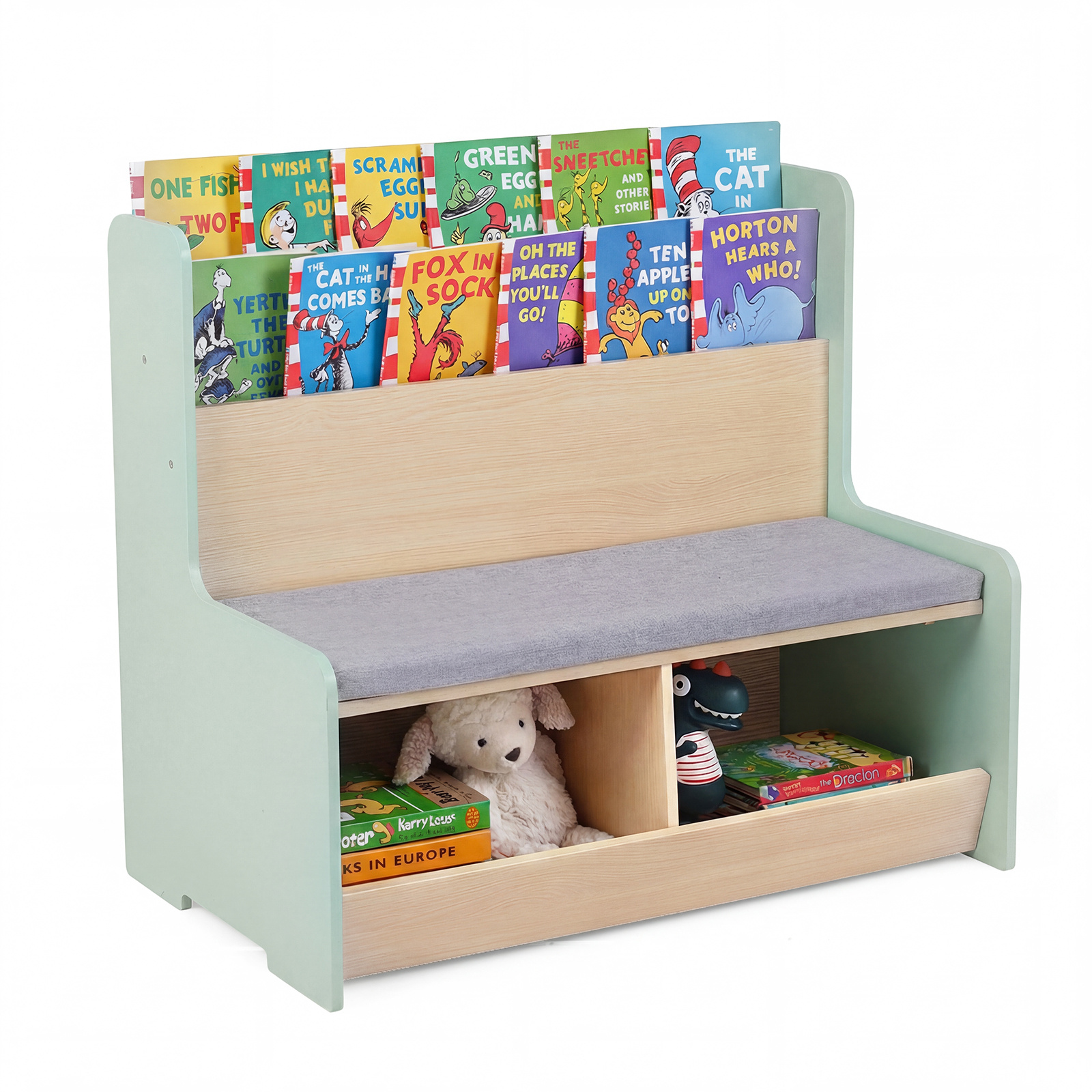 Costway Green Kids Reading Nook With Bench Toddler Toy Storage Organizer With Bookshelf And 2 Cubbies