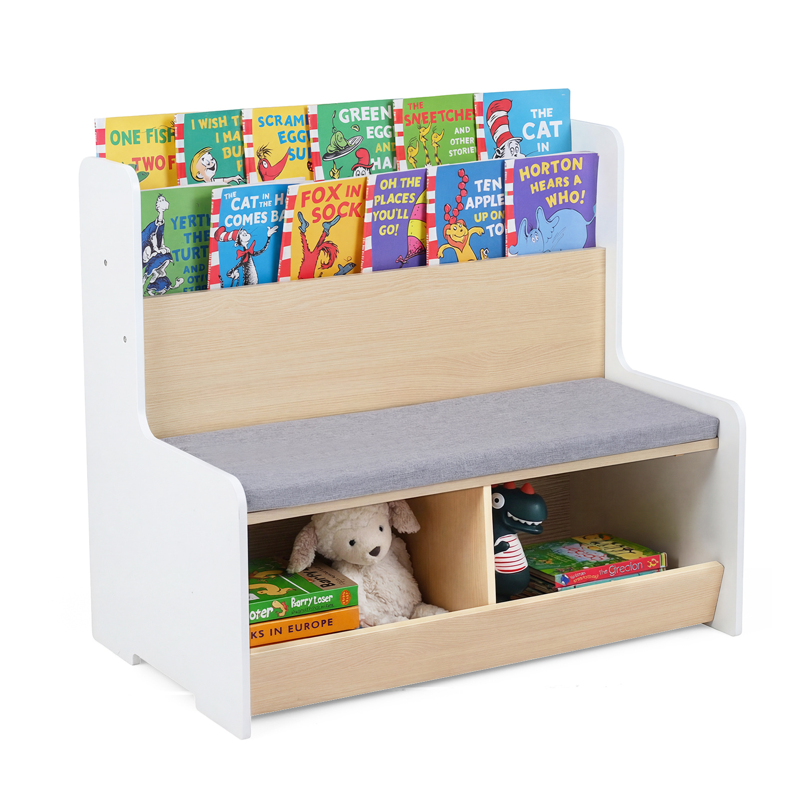 Costway White Kids Reading Nook With Bench Toddler Toy Storage Organizer With Bookshelf And 2 Cubbies