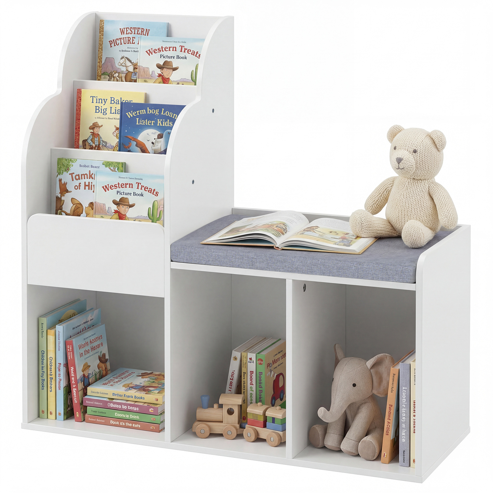 Costway White Kids Reading Nook With Bench Wooden Toddler Bookcase With 3 Storage Cubbies