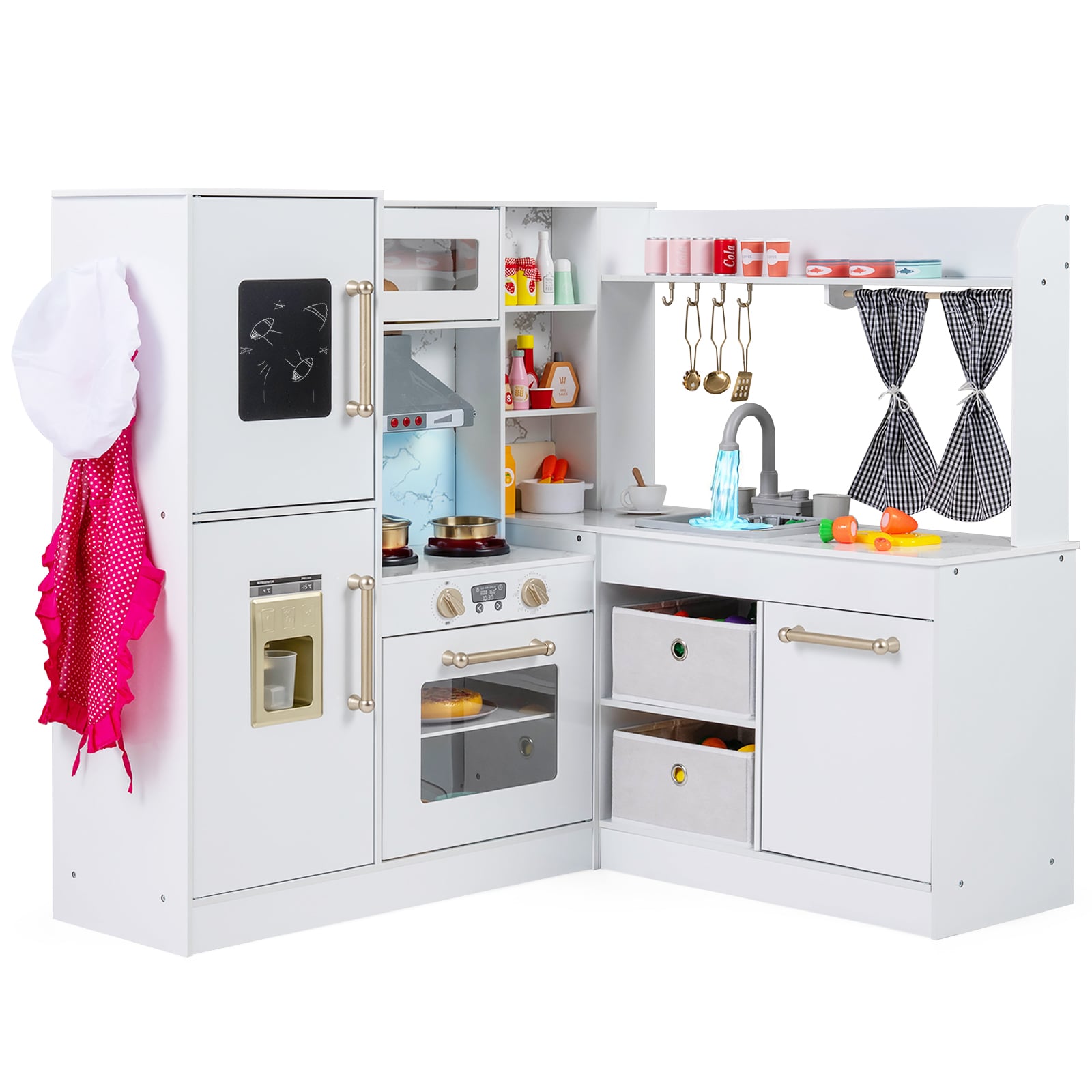 Costway White Kids Wooden Corner Play Kitchen With Lighted Range Hood And Stoves
