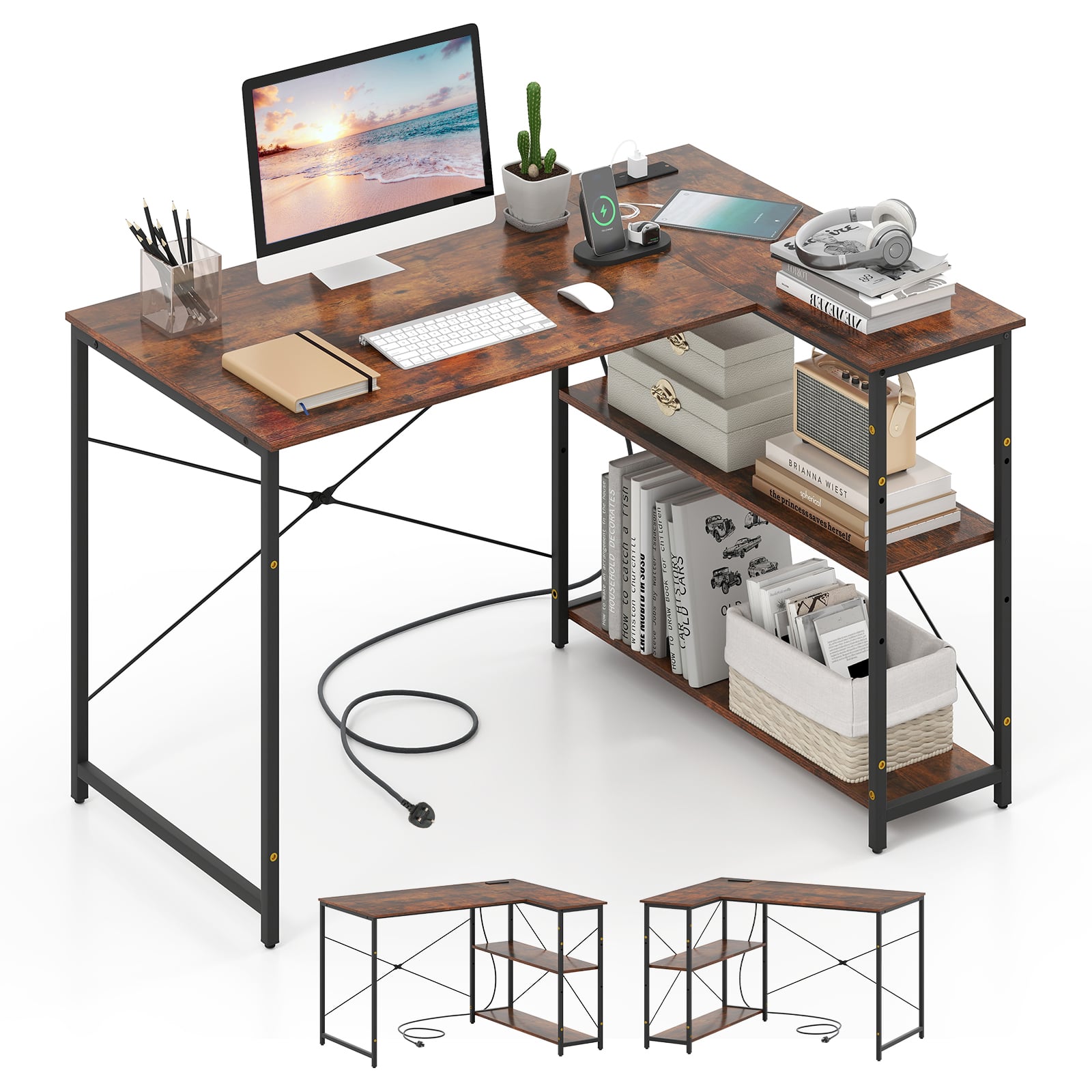 Costway Rustic Brown L-Shaped Desk With Power Outlet With Reversible Adjustable Storage Shelves