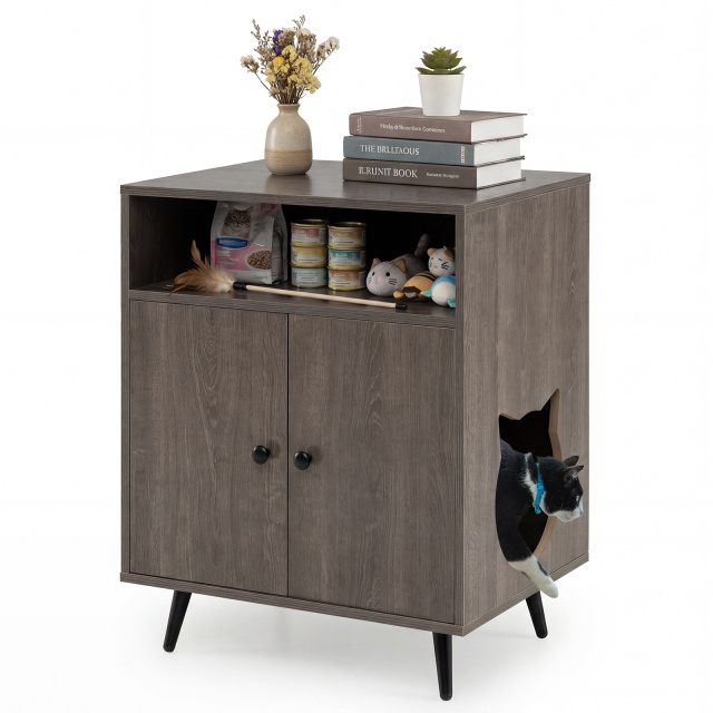 Costway Grey Modern Enclosure Cat Litter Box With Entry