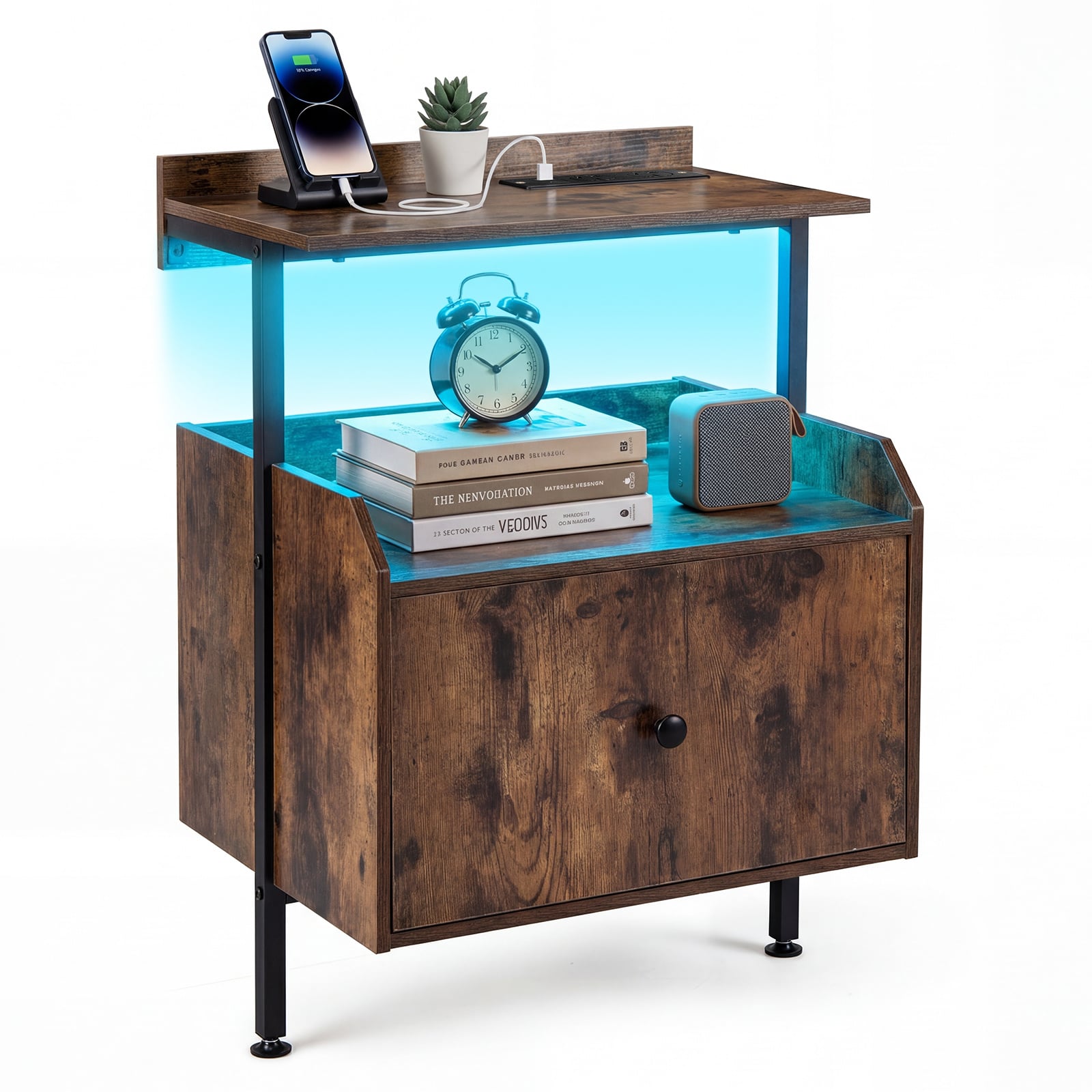 Costway Rustic Brown Nightstand Bedside Table With Charging Station And Led Light