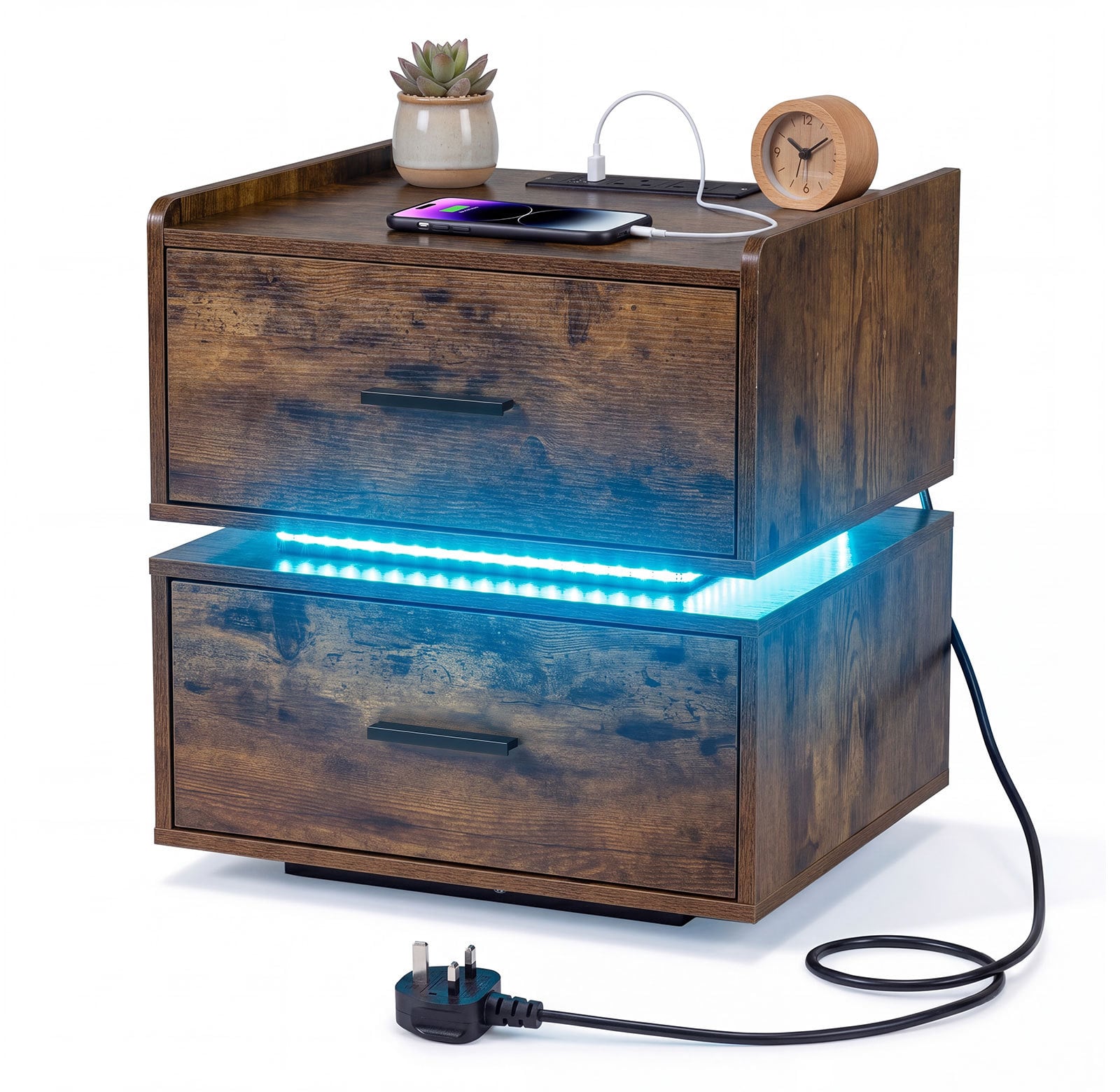 Costway Rustic Brown Nightstand With Charging Station And 2 Storage Drawers