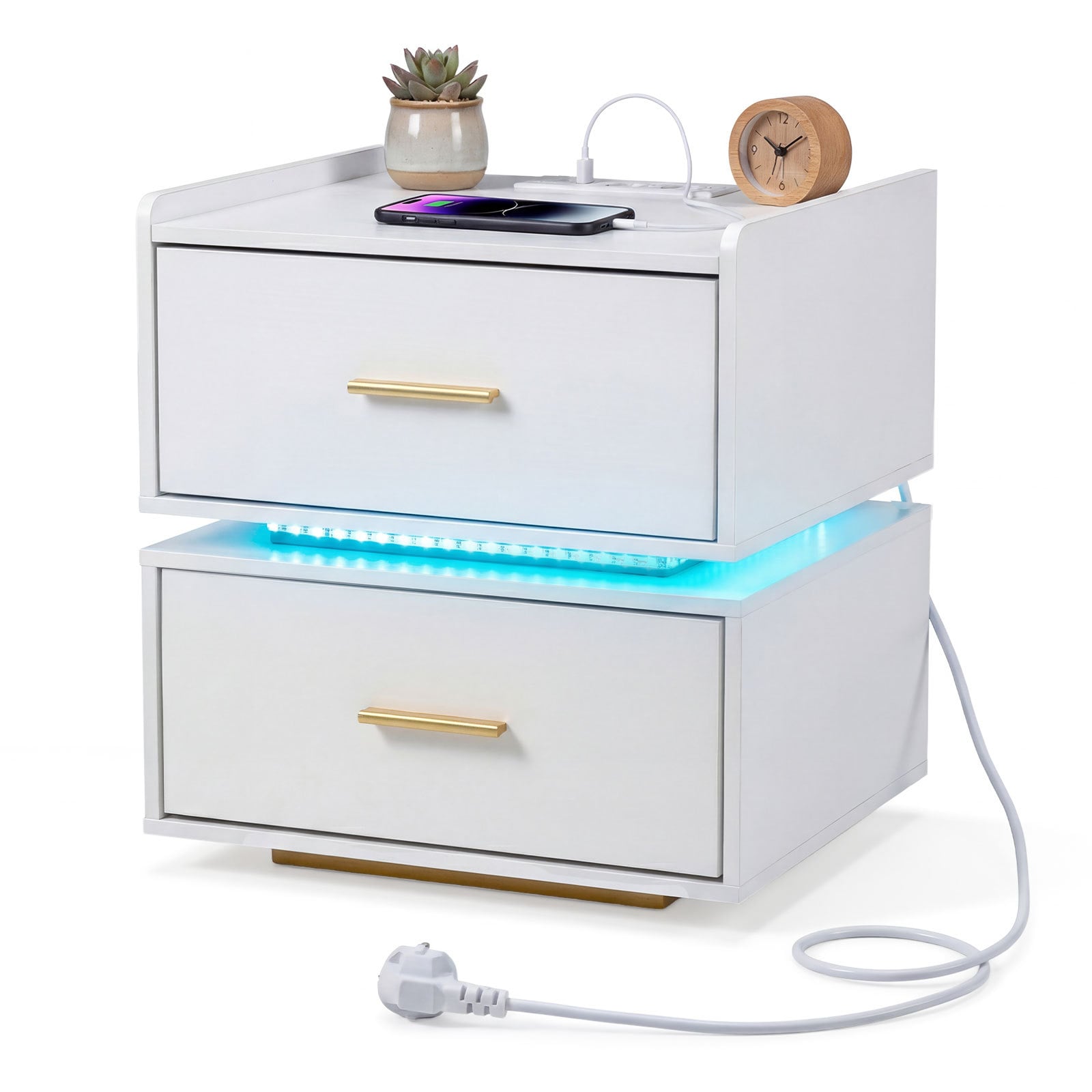 Costway White Nightstand With Charging Station And 2 Storage Drawers