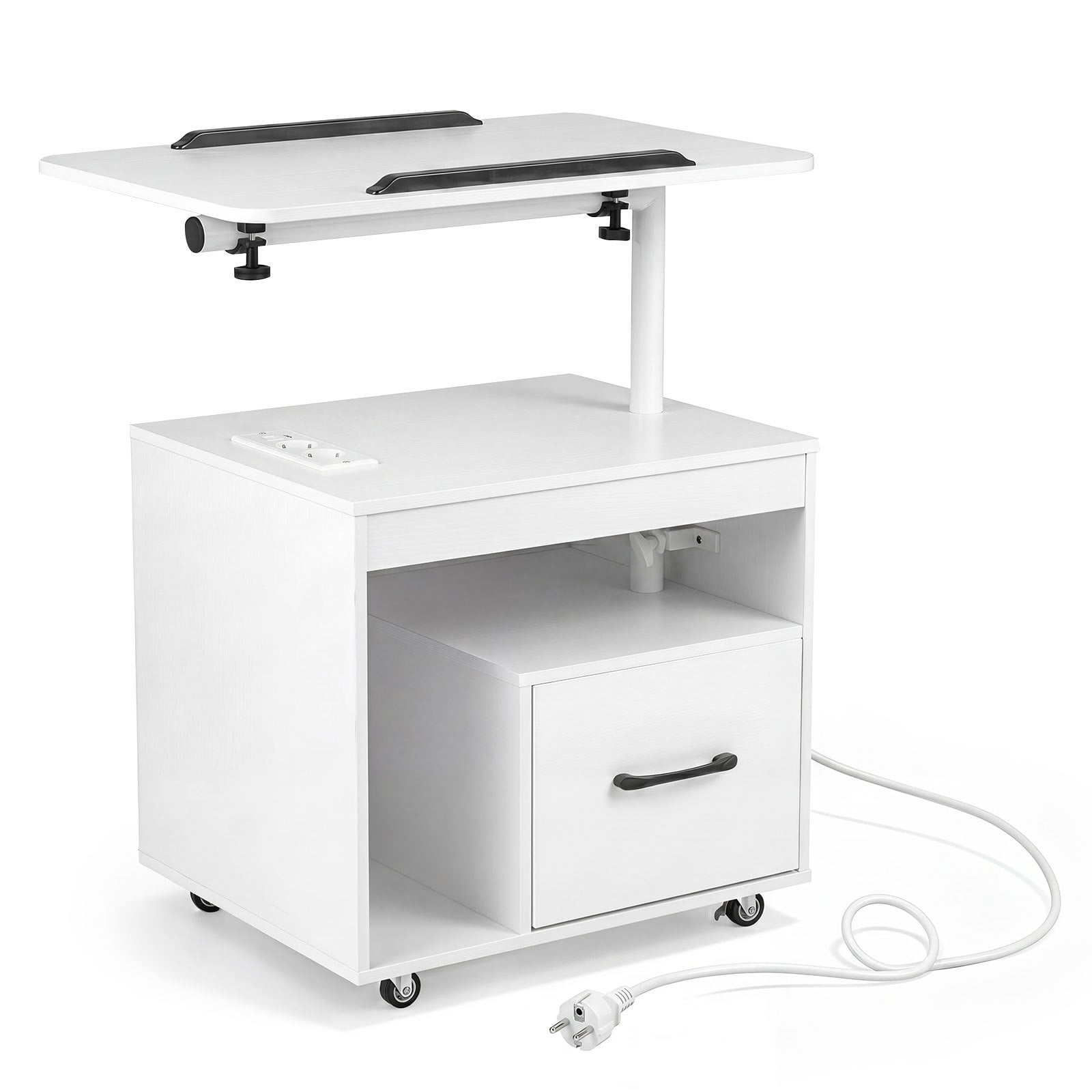 Costway White Nightstand With Charging Station And Rotatable Tabletop On Wheels For Bedroom