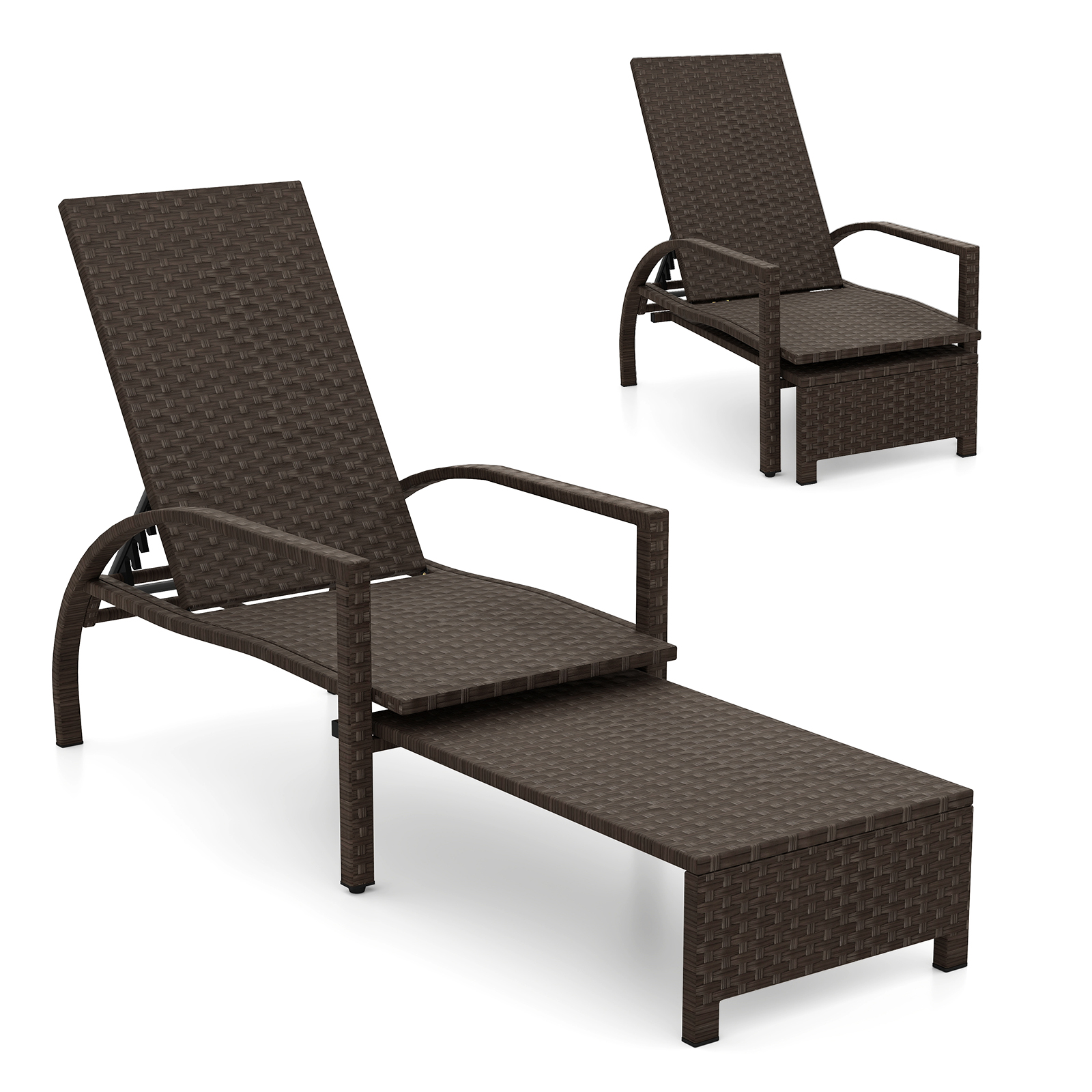 Costway Brown Outdoor Chaise Lounge Chair Patio Wicker Chaise Lounger With 6-Position Adjustable Backrest