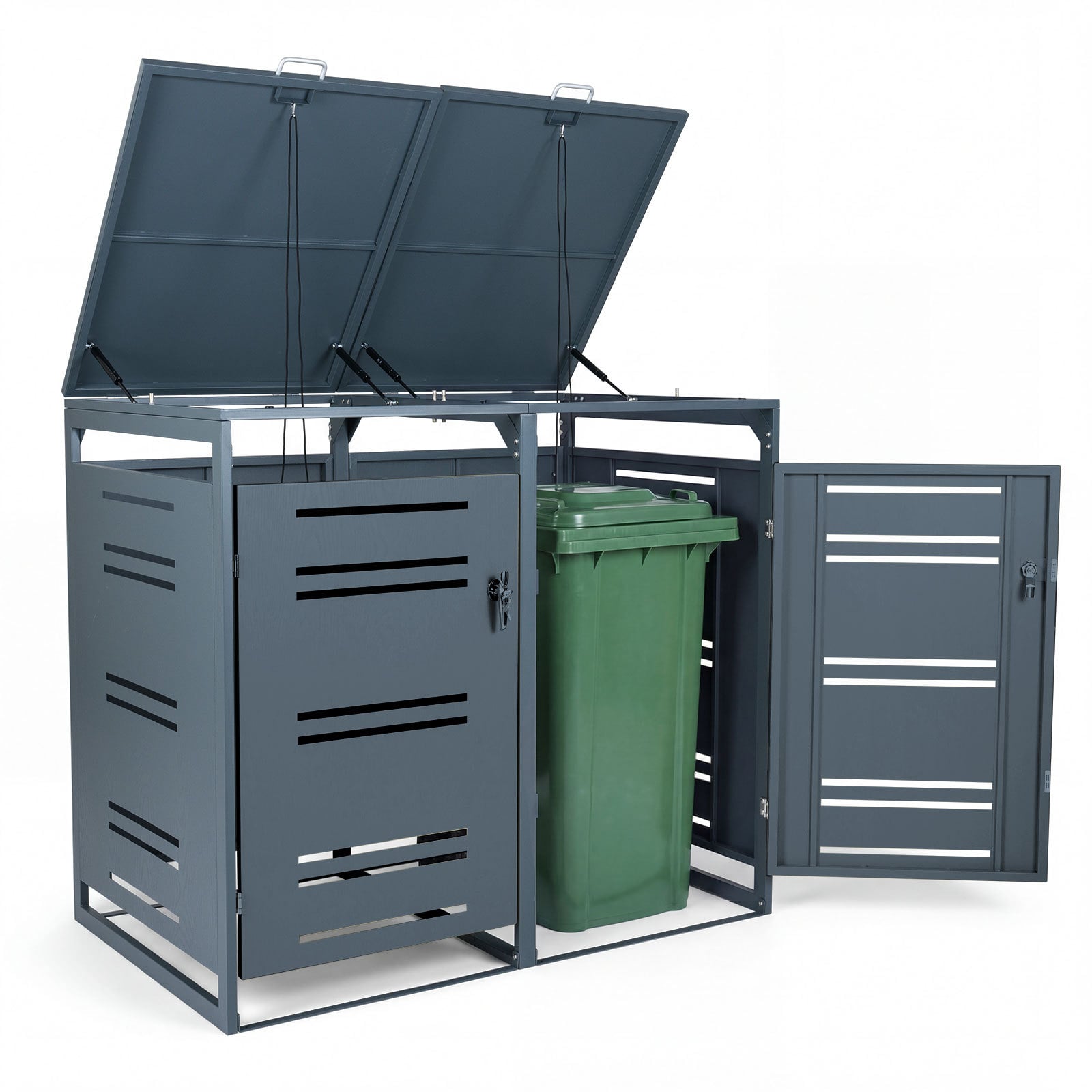 Costway Grey Outdoor Metal Garbage Bin Storage Shed For 2 Trash Cans