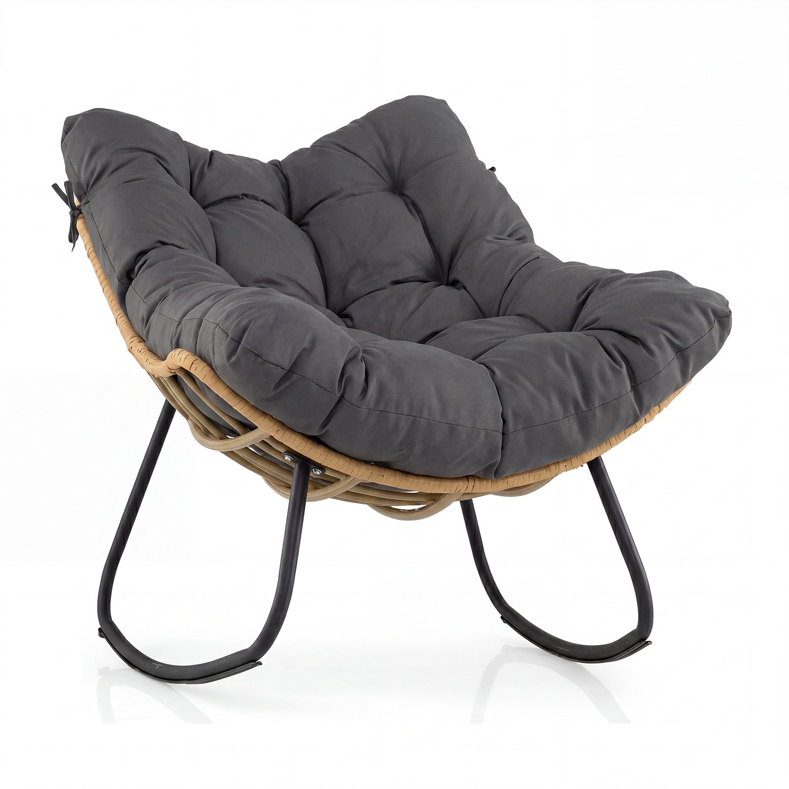 Costway Grey Outdoor Papasan Rocking Chair Oversized Pe Wicker Patio Egg Chair With Thick Cushion