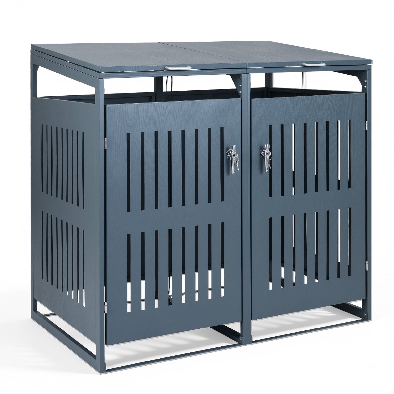 Costway Dark Grey Outdoor Trash Can Storage Shed For 2 Bins With Gas Struts And Lockable Grilled Doors
