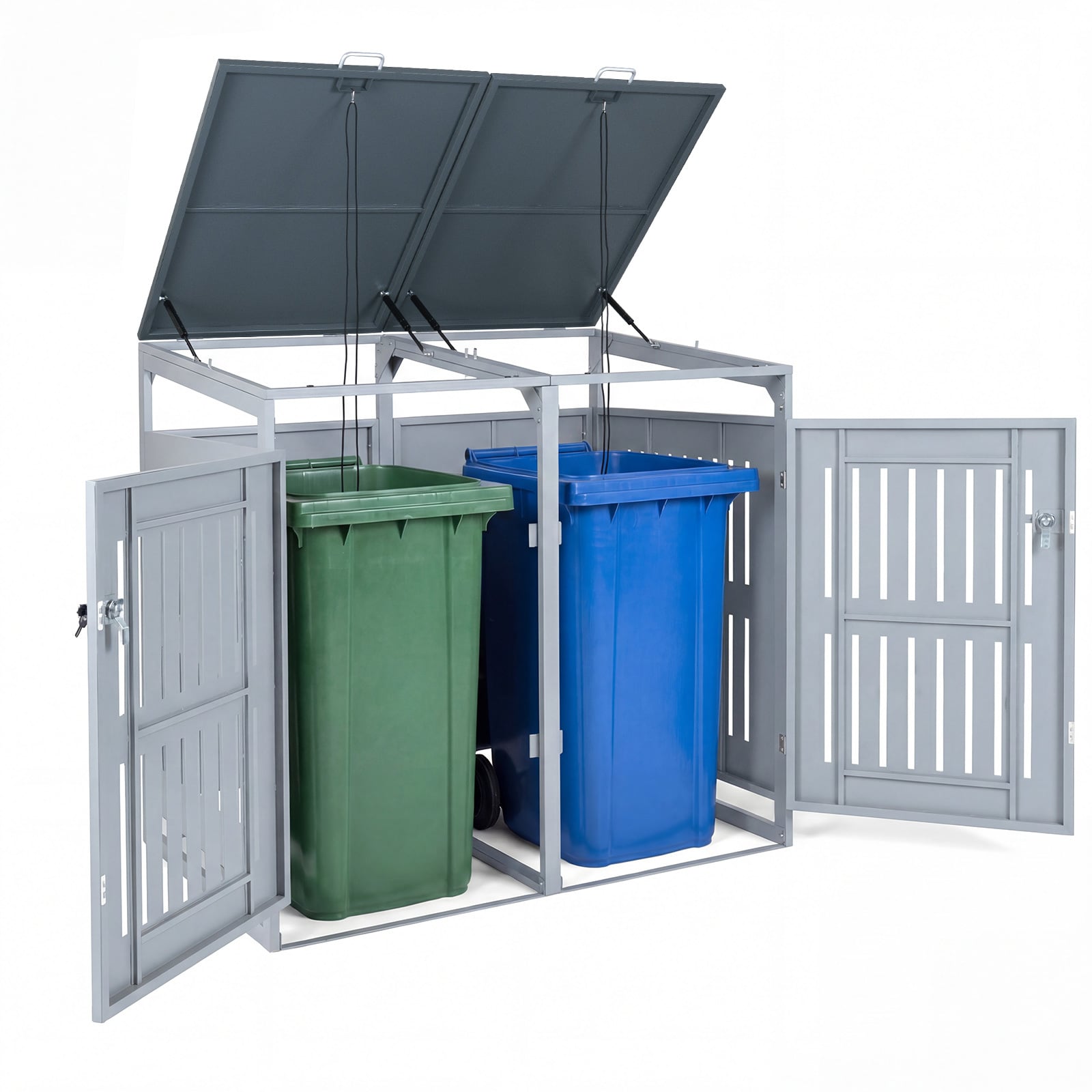 Costway Silver Outdoor Trash Can Storage Shed For 2 Bins With Gas Struts And Lockable Grilled Doors
