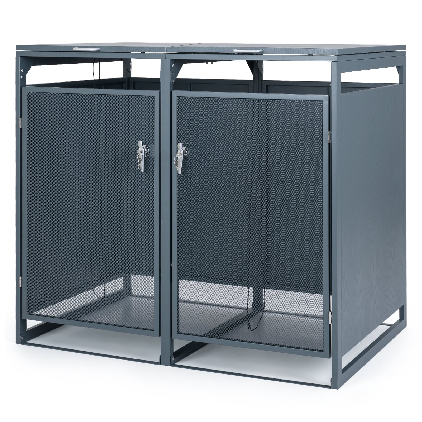 Costway Dark Grey Outdoor Trash Can Storage Shed For 2 Bins With Gas Struts And Lockable Metal Mesh Doors-Grey