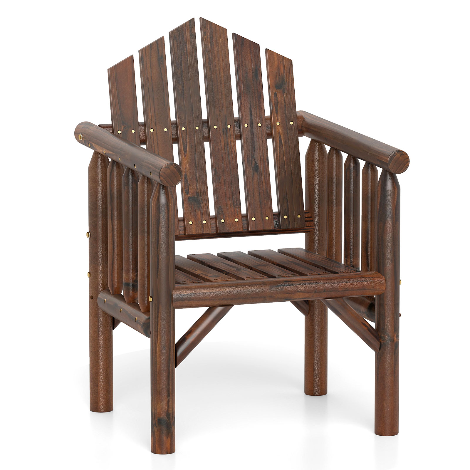 Costway Brown Outdoor Wood Armchair Dining Chair With Armrests And Reclined High Backrest