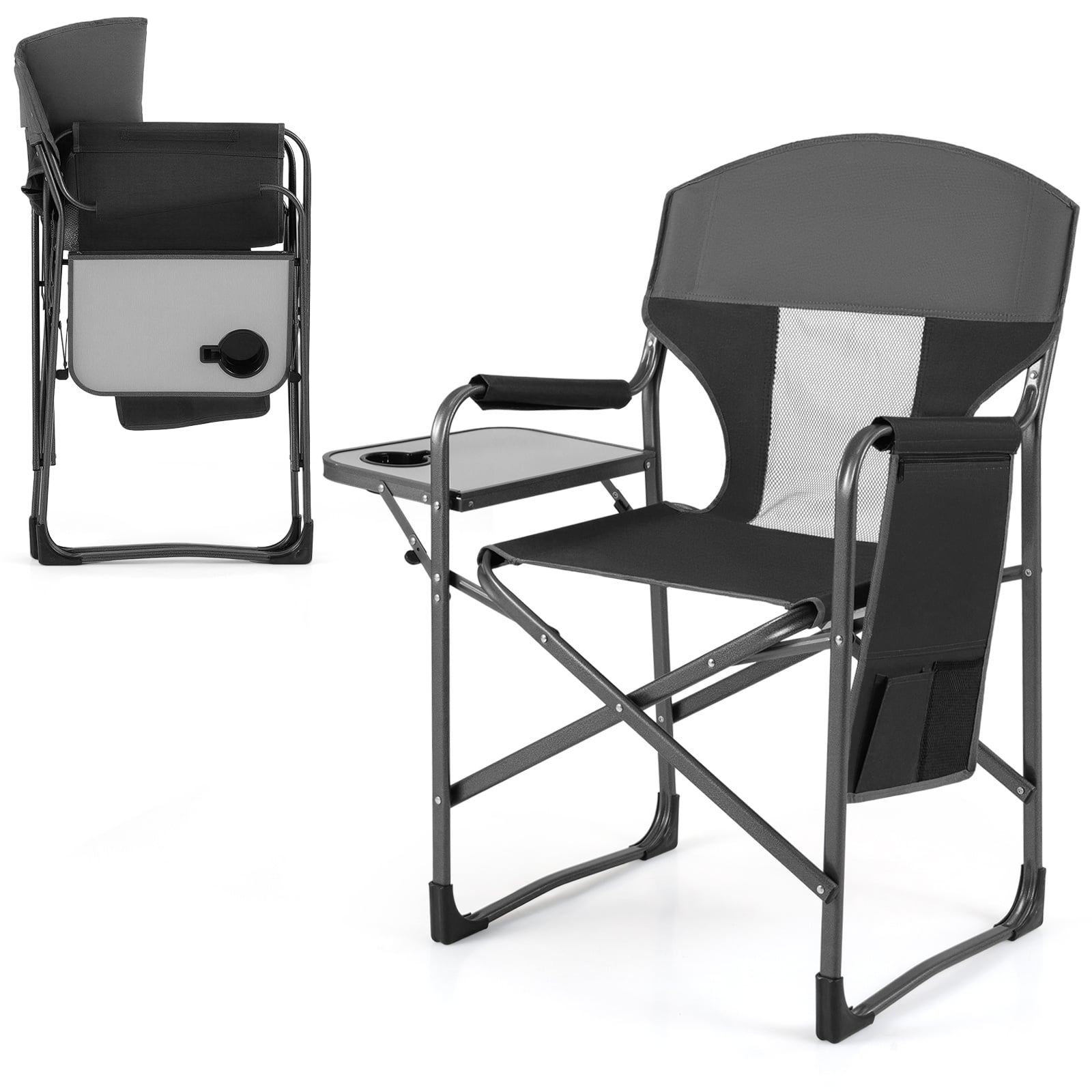 Costway Black Oversized Padded Folding Camping Chair With Side Table