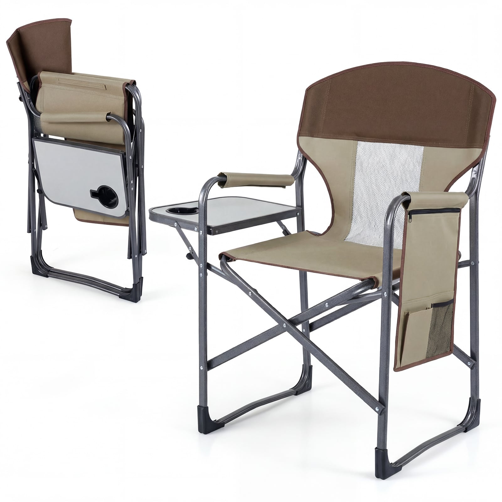 Costway Brown Oversized Padded Folding Camping Chair With Side Table
