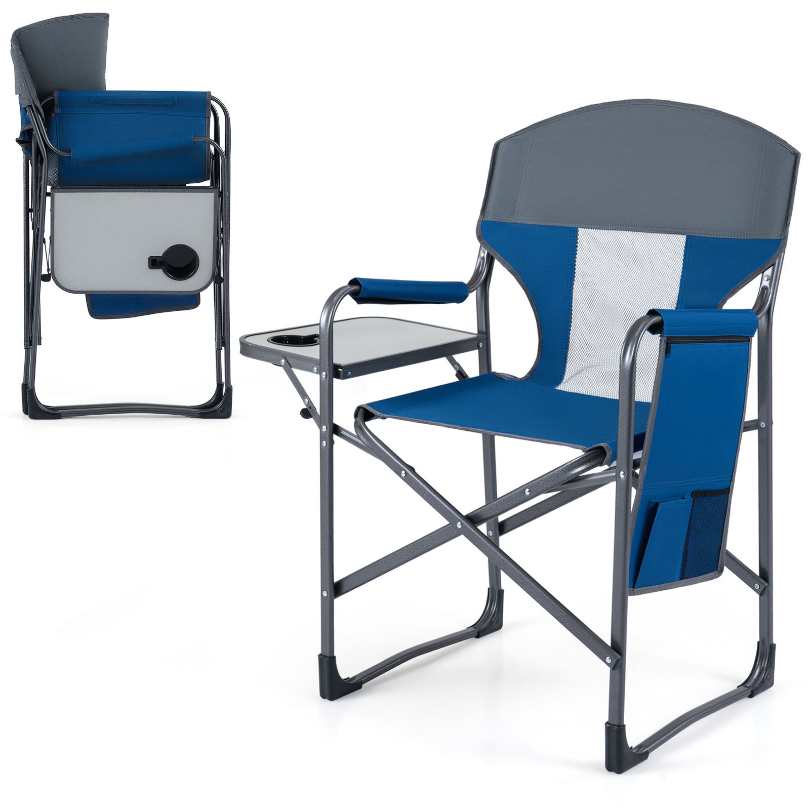 Costway Navy Oversized Padded Folding Camping Chair With Side Table