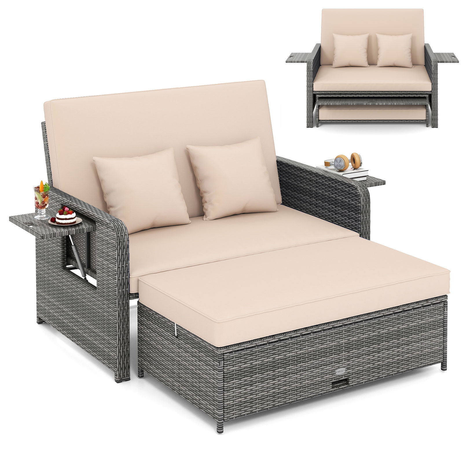 Costway Beige Pe Wicker Outdoor Daybed With Loveseat And Ottoman For Poolside