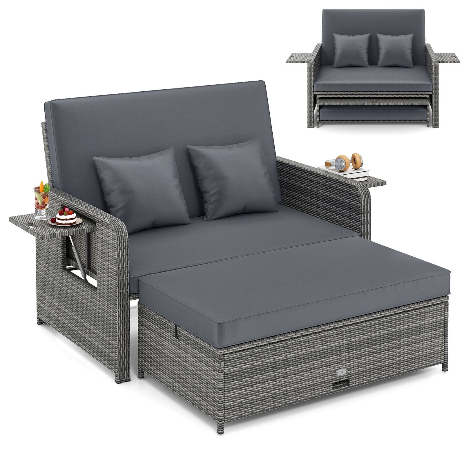Costway Grey Pe Wicker Outdoor Daybed With Loveseat And Ottoman For Poolside