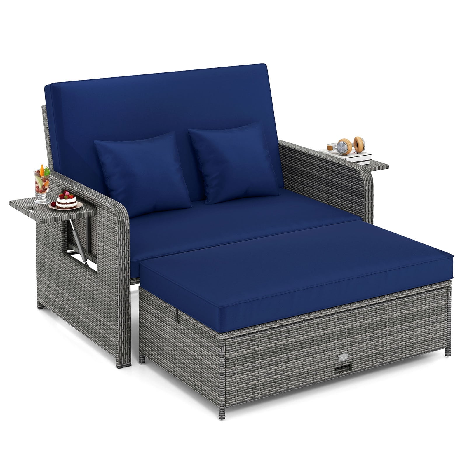 Costway Navy Pe Wicker Outdoor Daybed With Loveseat And Ottoman For Poolside