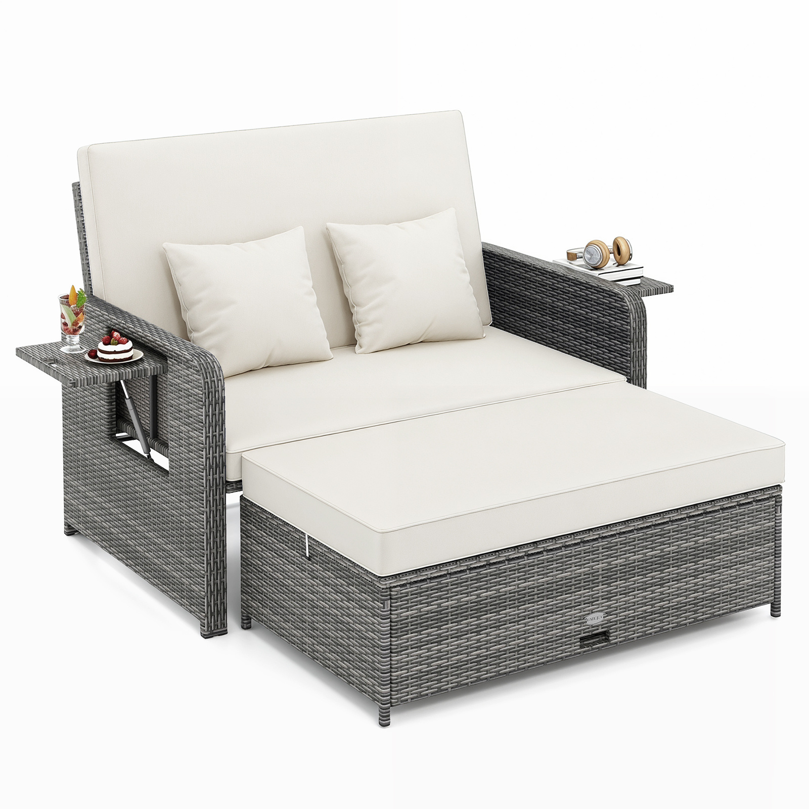 Costway White Pe Wicker Outdoor Daybed With Loveseat And Ottoman For Poolside