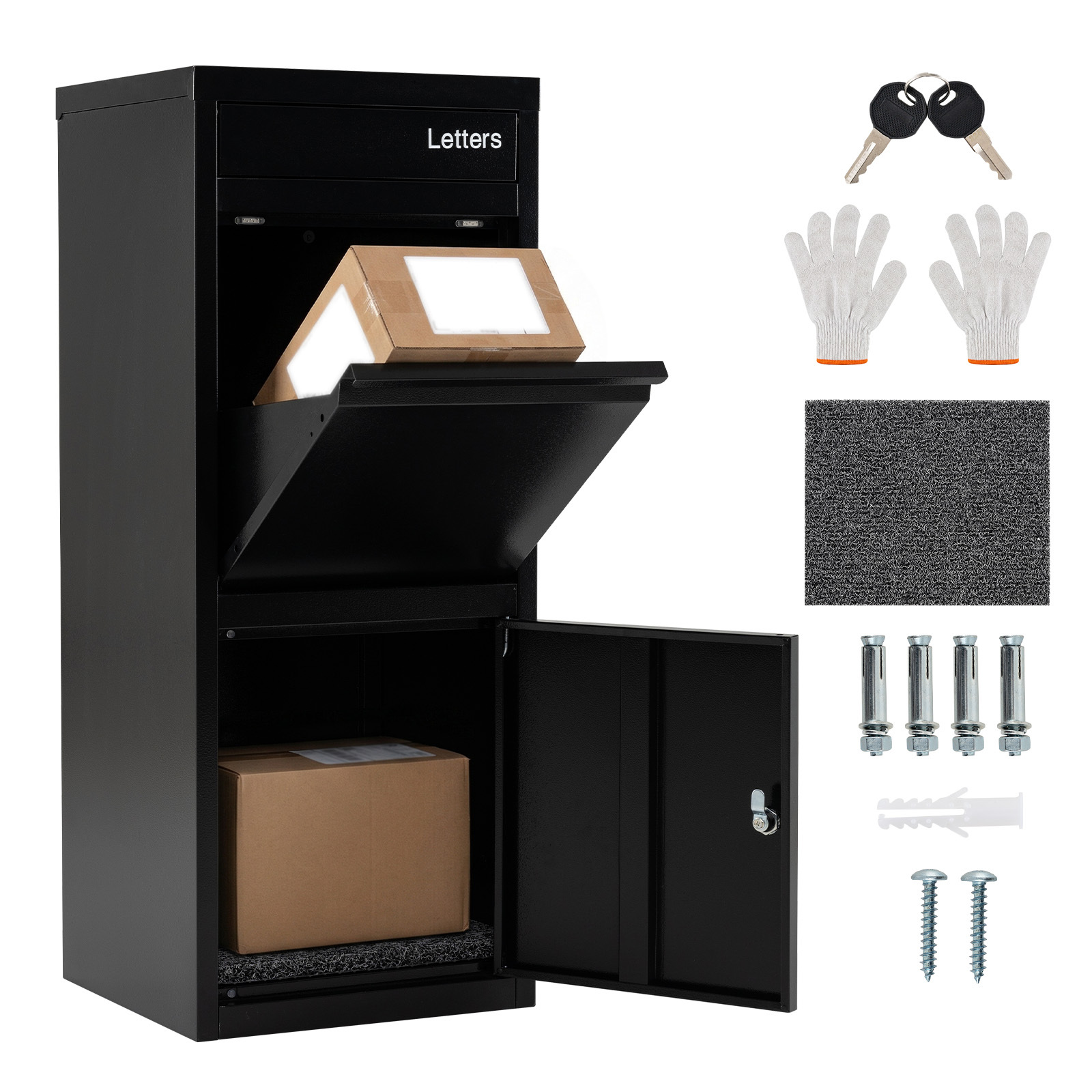 Costway Black Package Delivery Box For Outside Large Galvanized Steel Parcel Mailbox With Anti-Theft Design