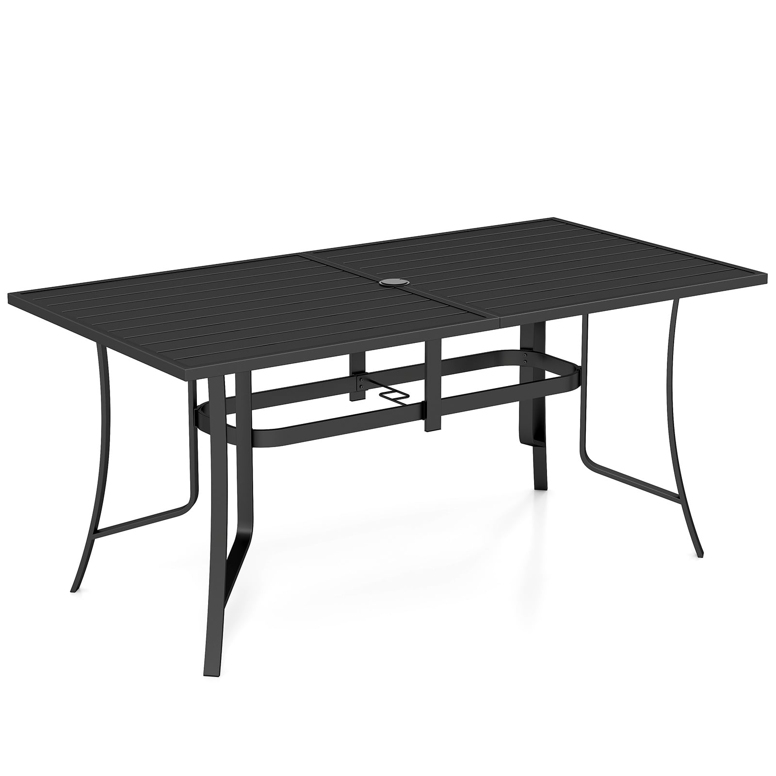 Costway Black Patio Dining Table For 6 160Cm Rectangle Metal Slat Table With Umbrella Hole