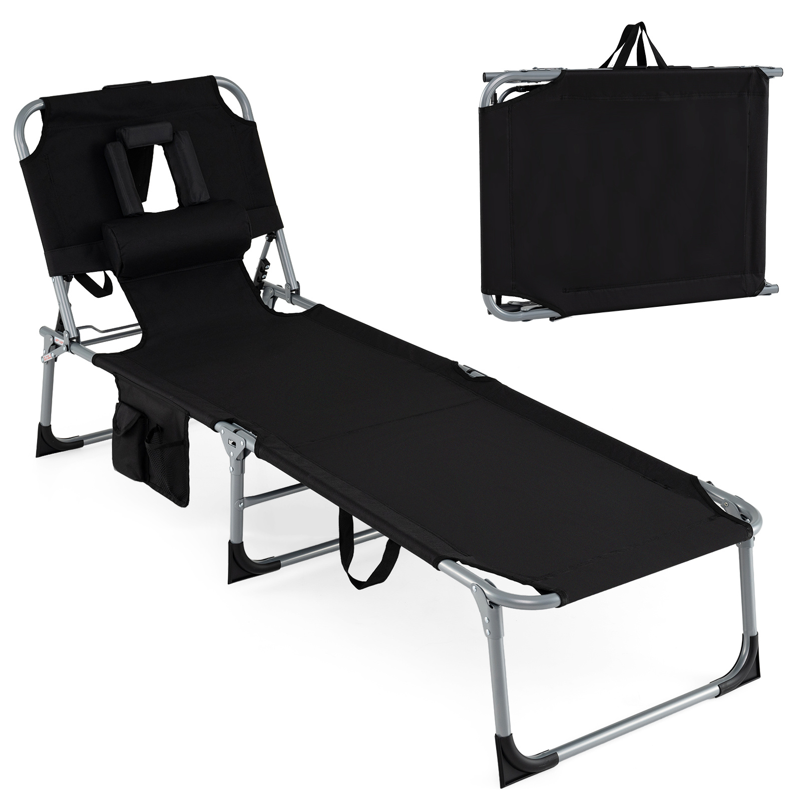 Costway Black Portable Chaise Lounge Chair With 4-Position Adjustable Backrest And Face Arm Holes