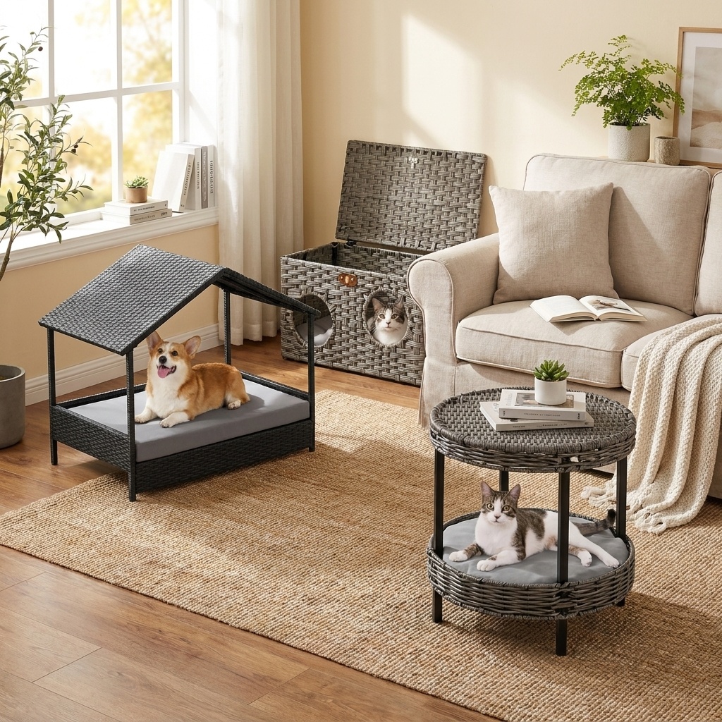 Costway Rattan Pets Set With Cat Bed Cat House And Dog House