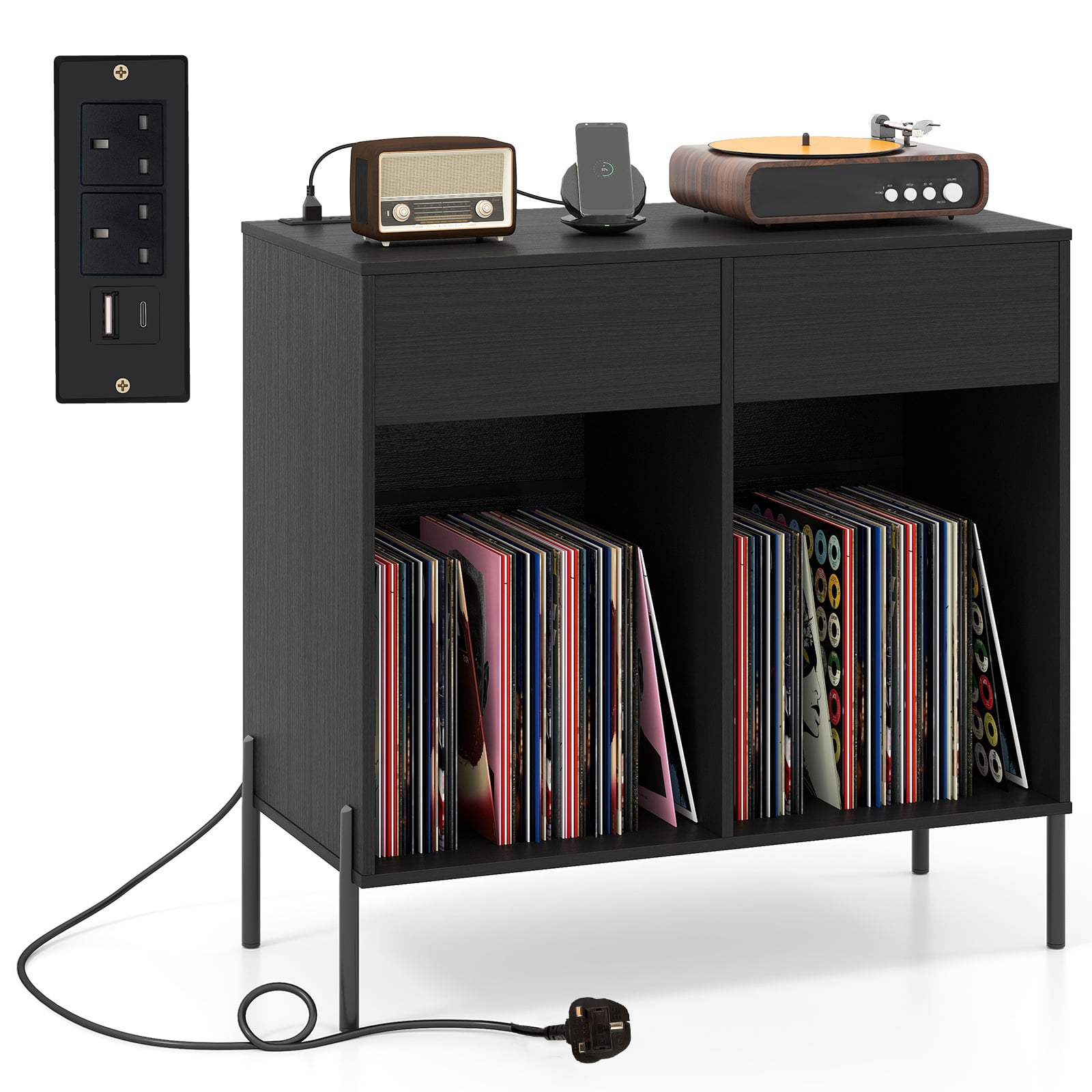 Costway Black Record Player Stand With Power Outlets And Drawers For Living Room