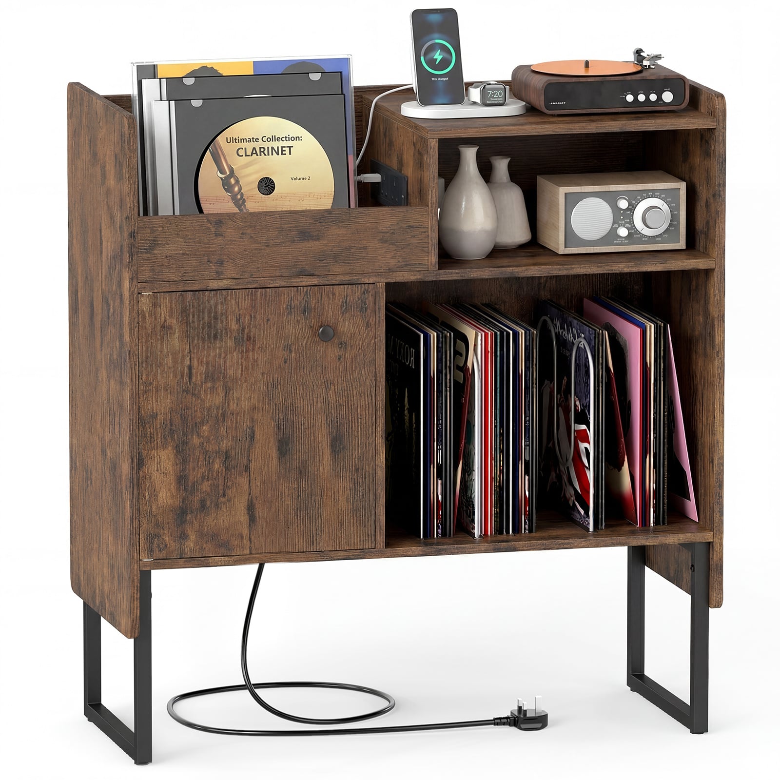 Costway Rustic Brown Record Player Stand With Power Outlets And Open Shelf