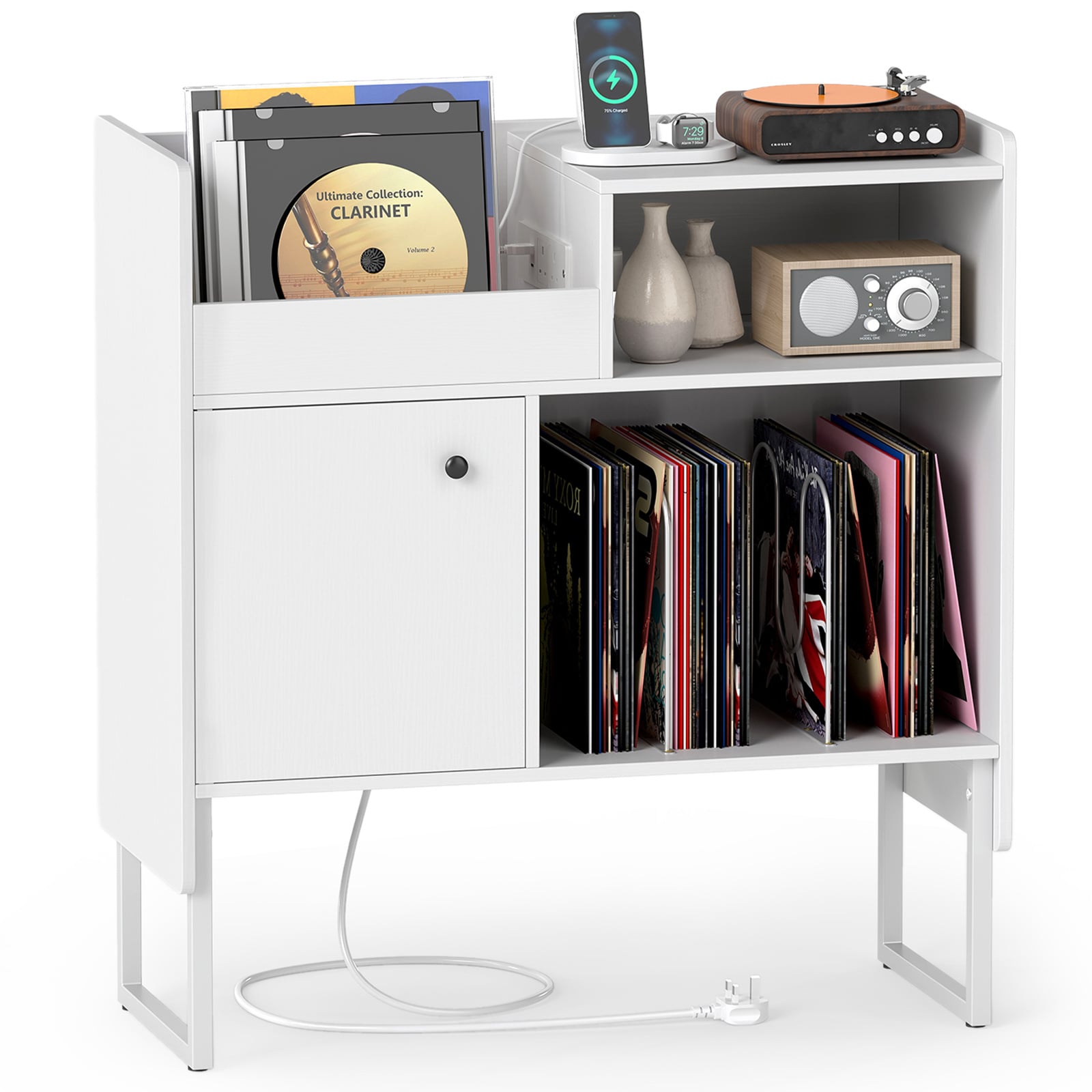 Costway White Record Player Stand With Power Outlets And Open Shelf