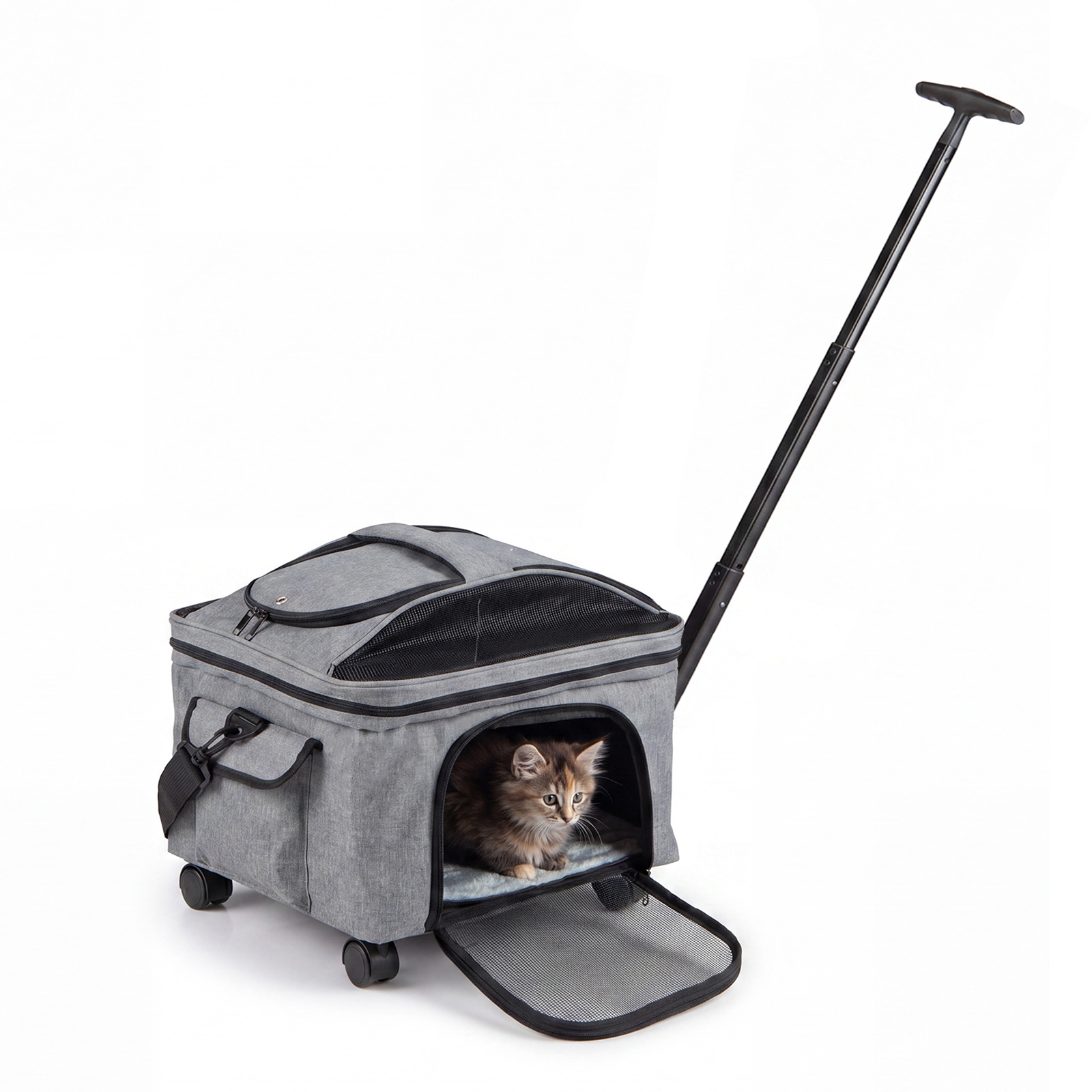 Costway Rolling Pet Carrier With Telescopic Handle And Washable Pad Foldable