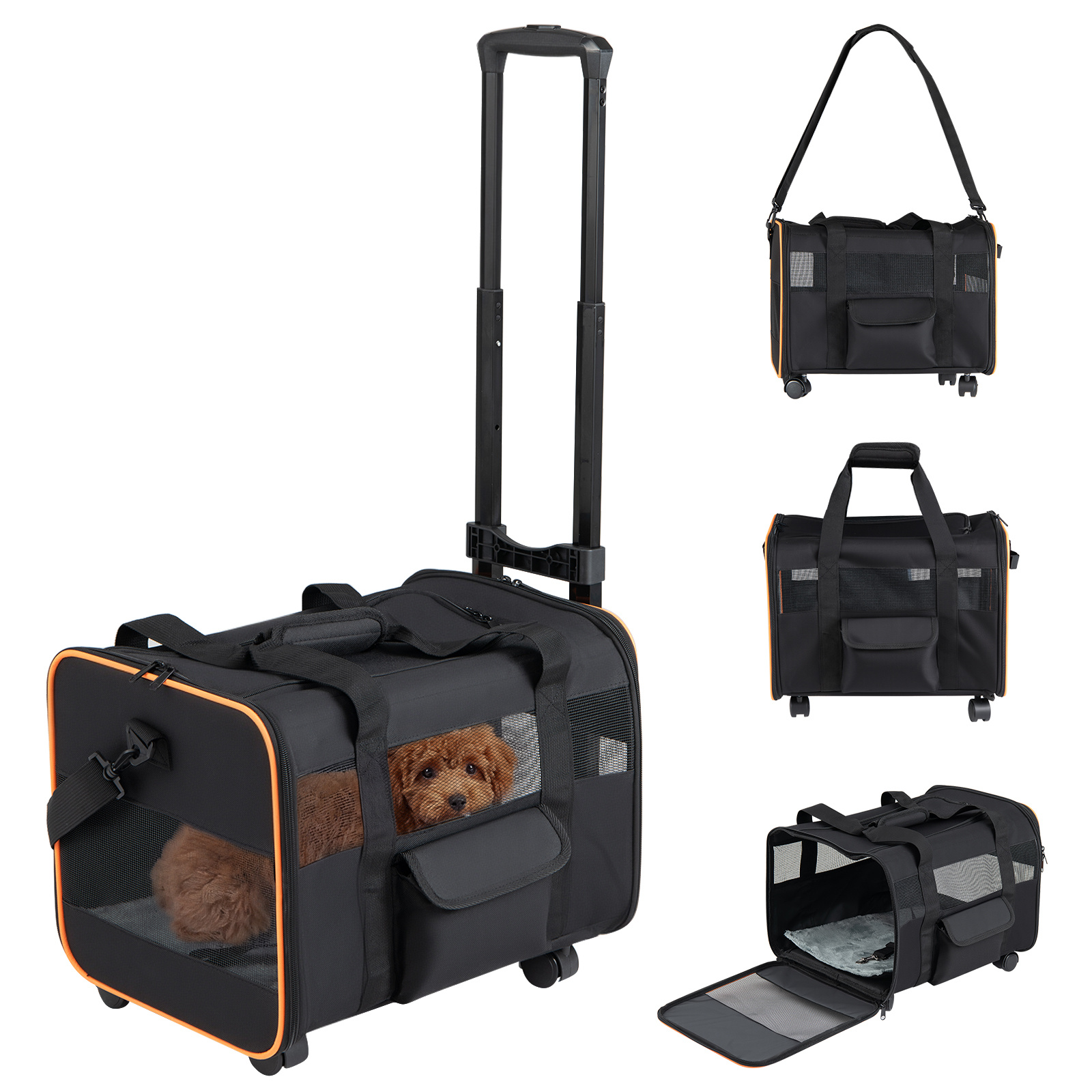 Costway Rolling Pet Carrier With Telescopic Handle And Washable Pad For Dogs And Cats