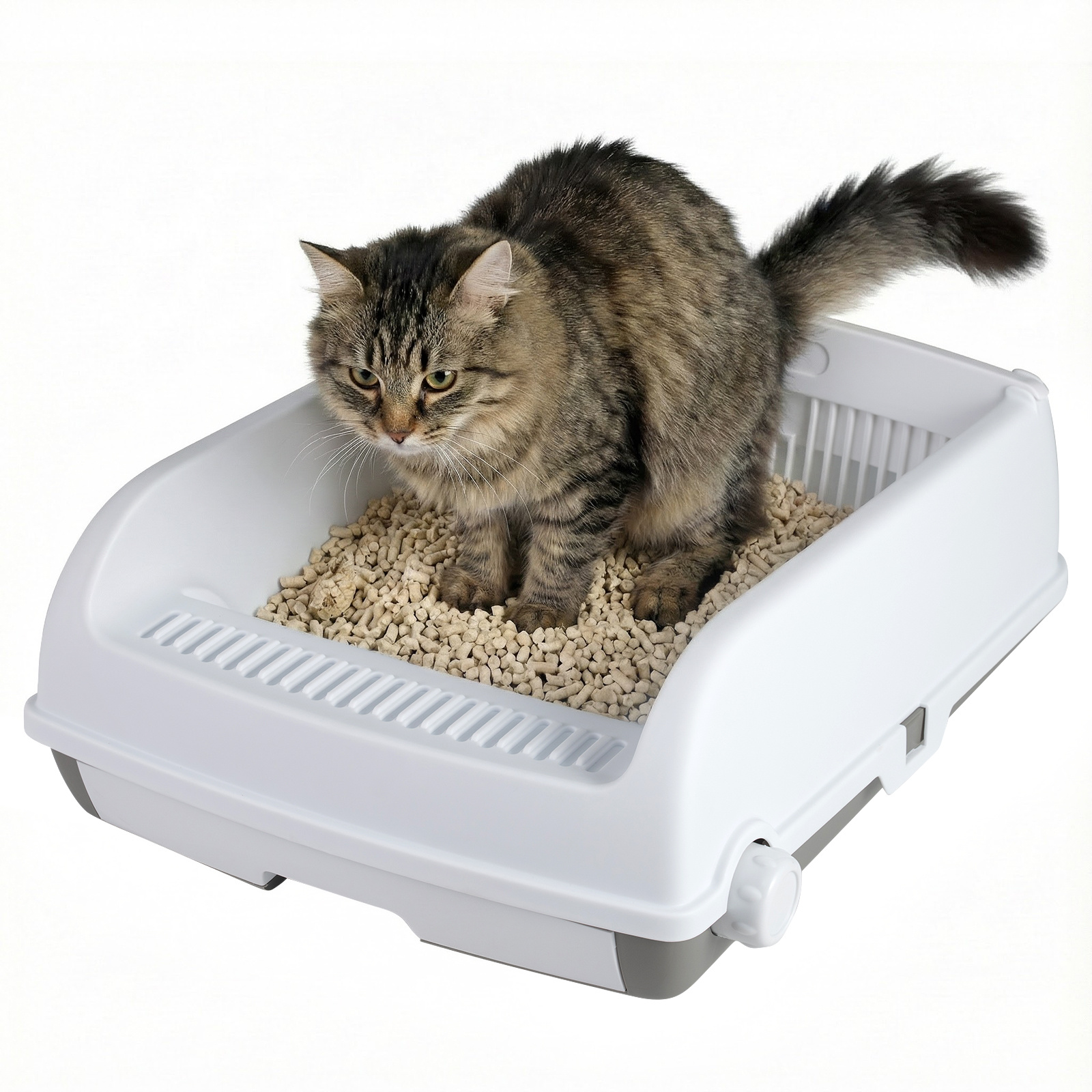 Costway White Semi-Auto Open-Top Cat Litter Box With High Side Splash-Proof Cat Toilet With Drawer-Type Potty Tray