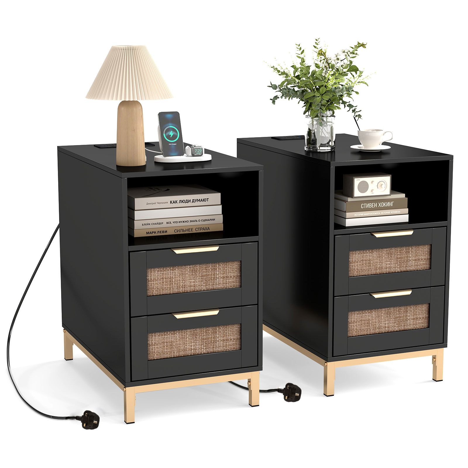 Costway Black Set Of 2 Narrow End Table With Charging Station Rattan Nightstand With 2 Drawers