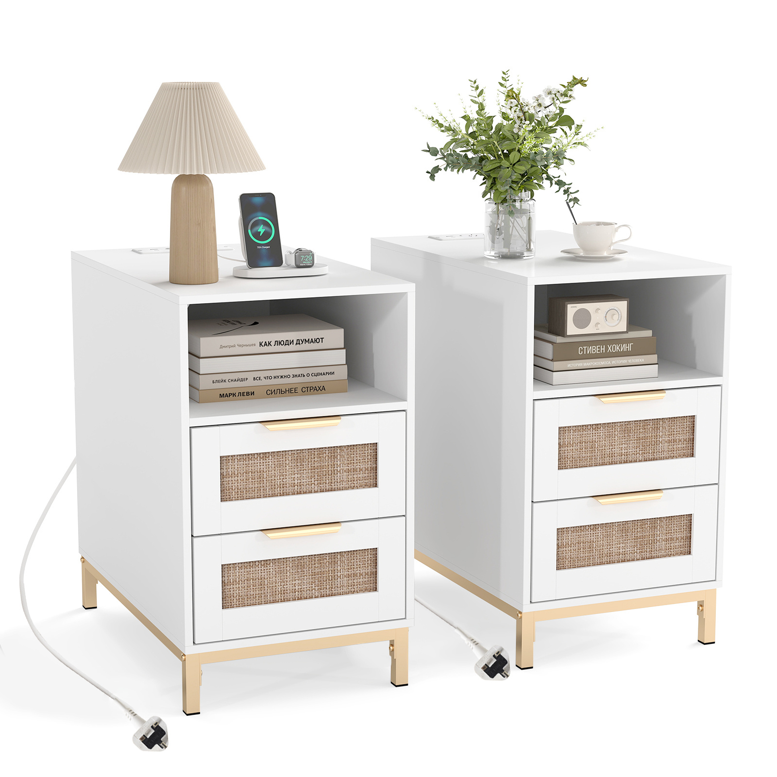 Costway White Set Of 2 Narrow End Table With Charging Station Rattan Nightstand With 2 Drawers